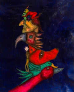 Pittura ad olio figurativa su tela blu Mixed Media And Textures. Trasfigurazione