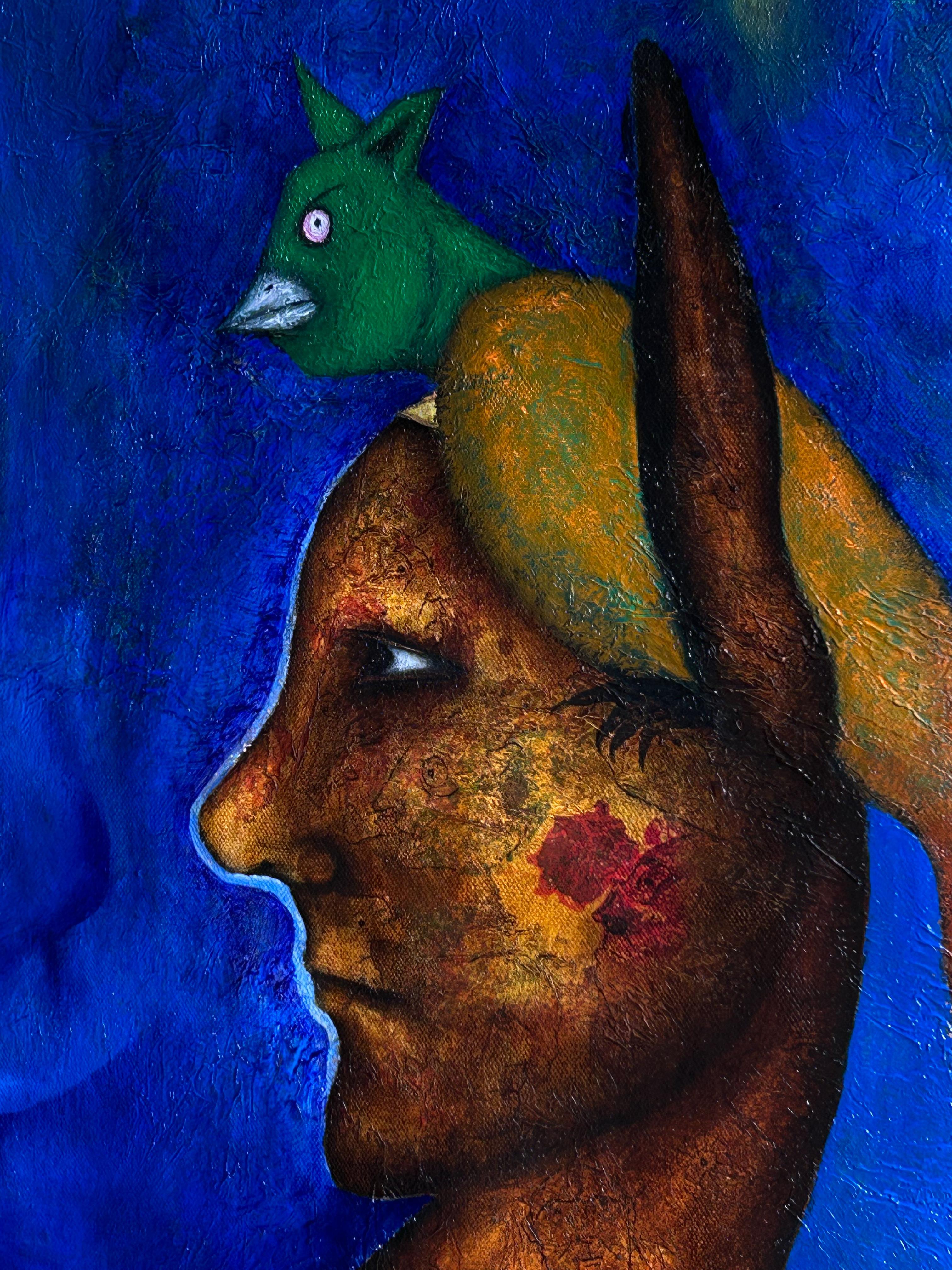 Oil Painting On Canvas In Blue Tones And Texture. 