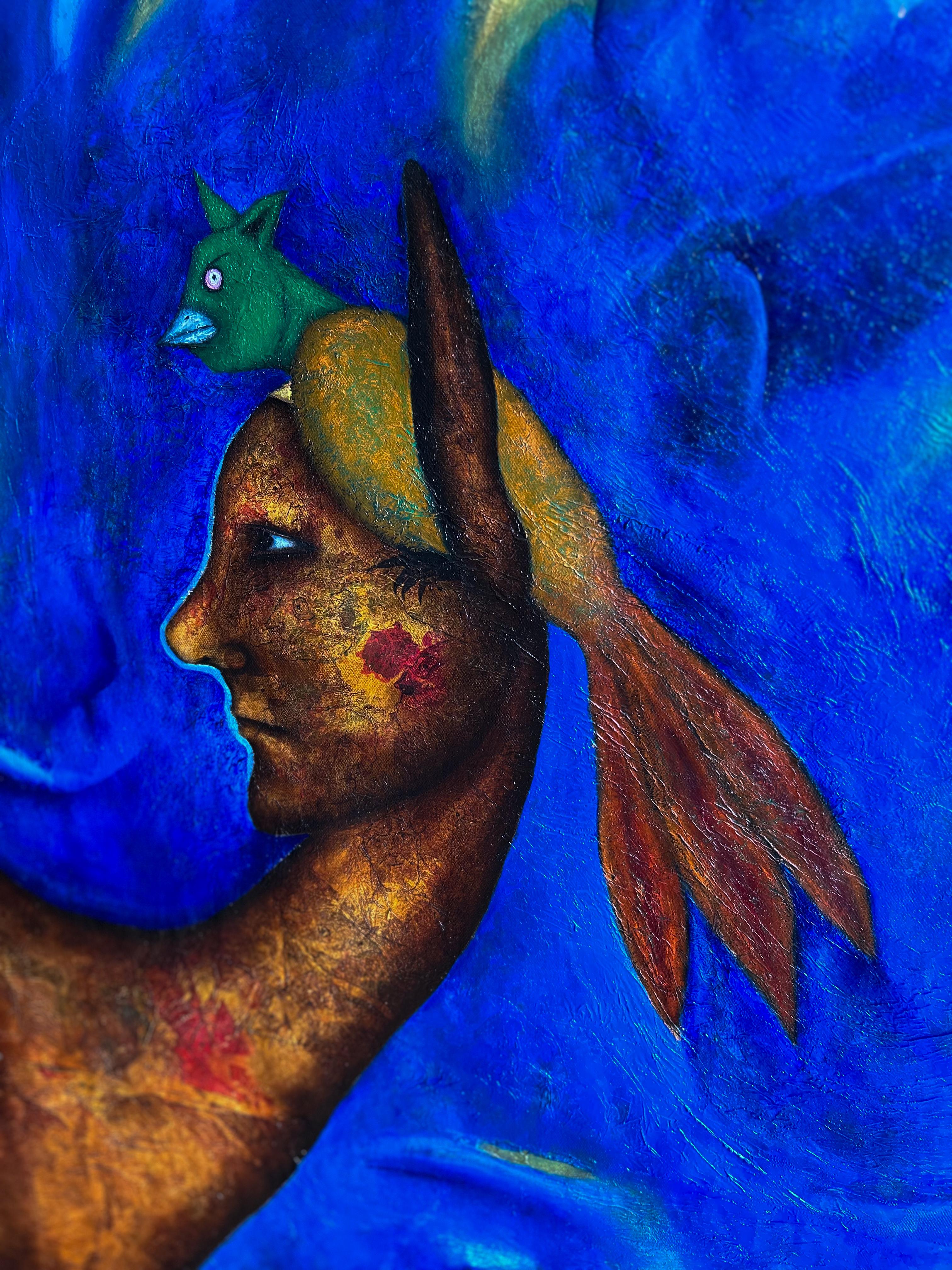 Oil Painting On Canvas In Blue Tones And Texture. 