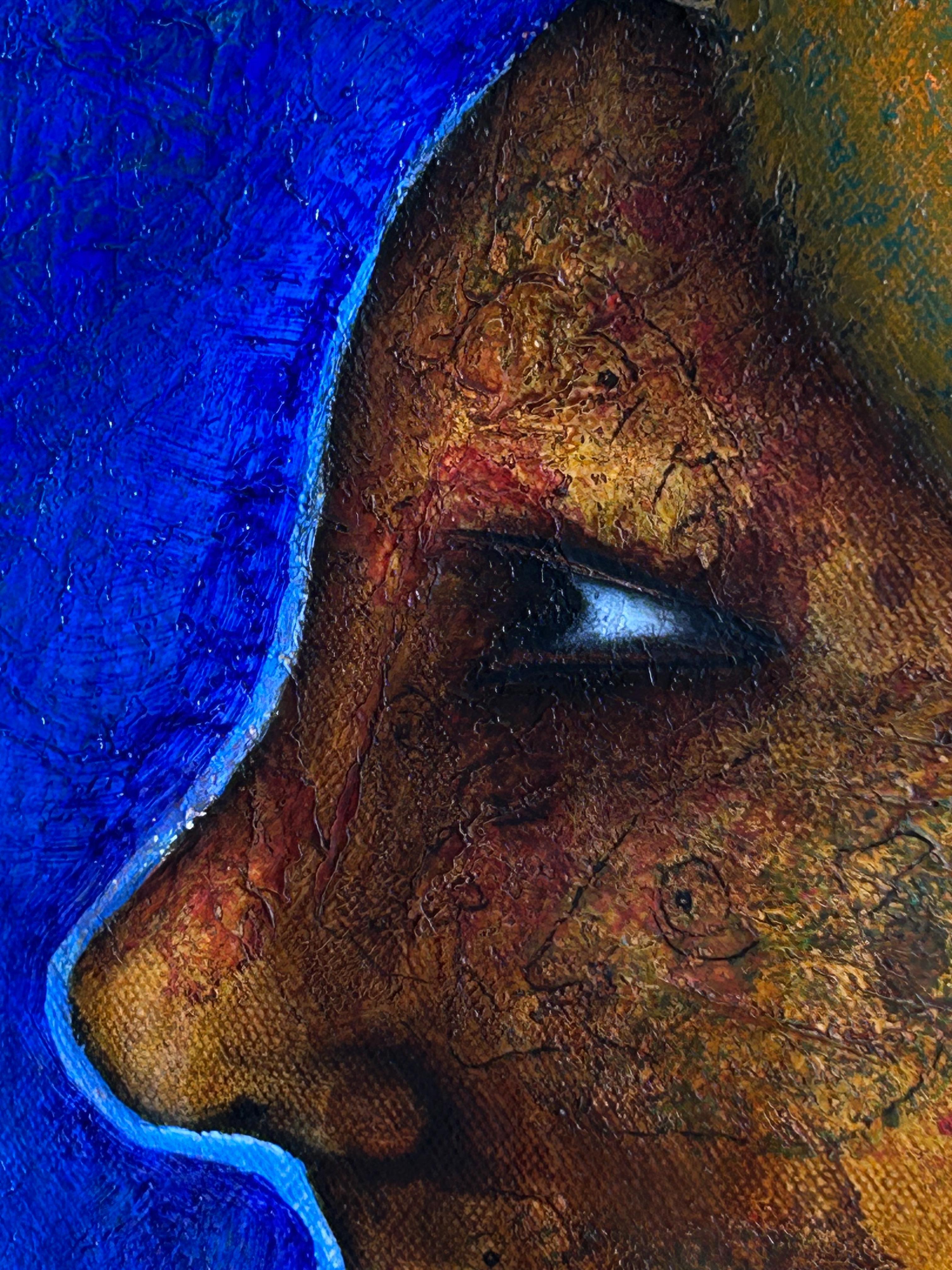 Oil Painting On Canvas In Blue Tones And Texture. 