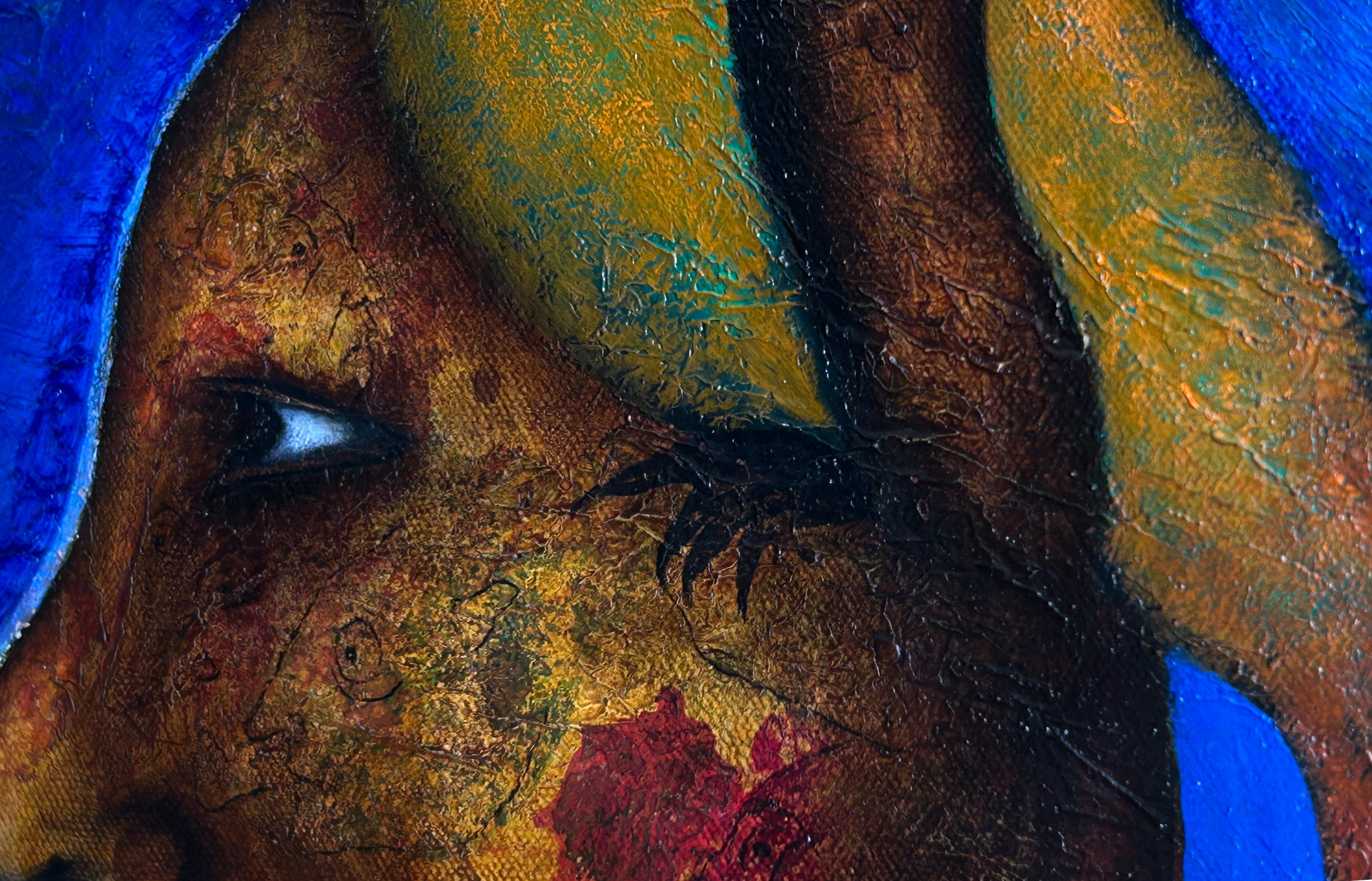 Oil Painting On Canvas In Blue Tones And Texture. 