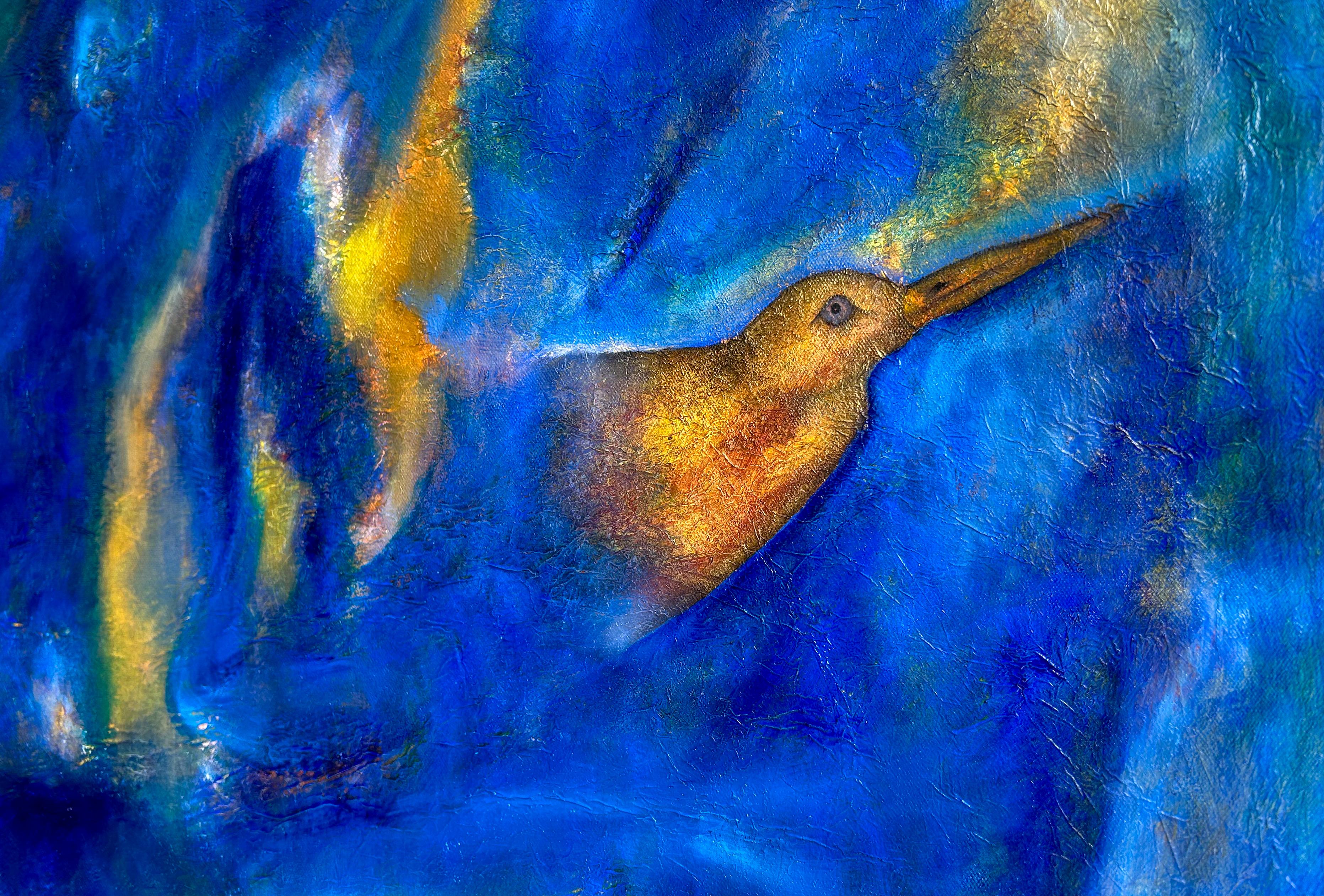 Horizontal oil painting on canvas, notable for its rich texture and multiple layers that create visual depth. The piece features a fantastical winged creature in earthy tones, standing out against a blue and gold background reminiscent of a starry