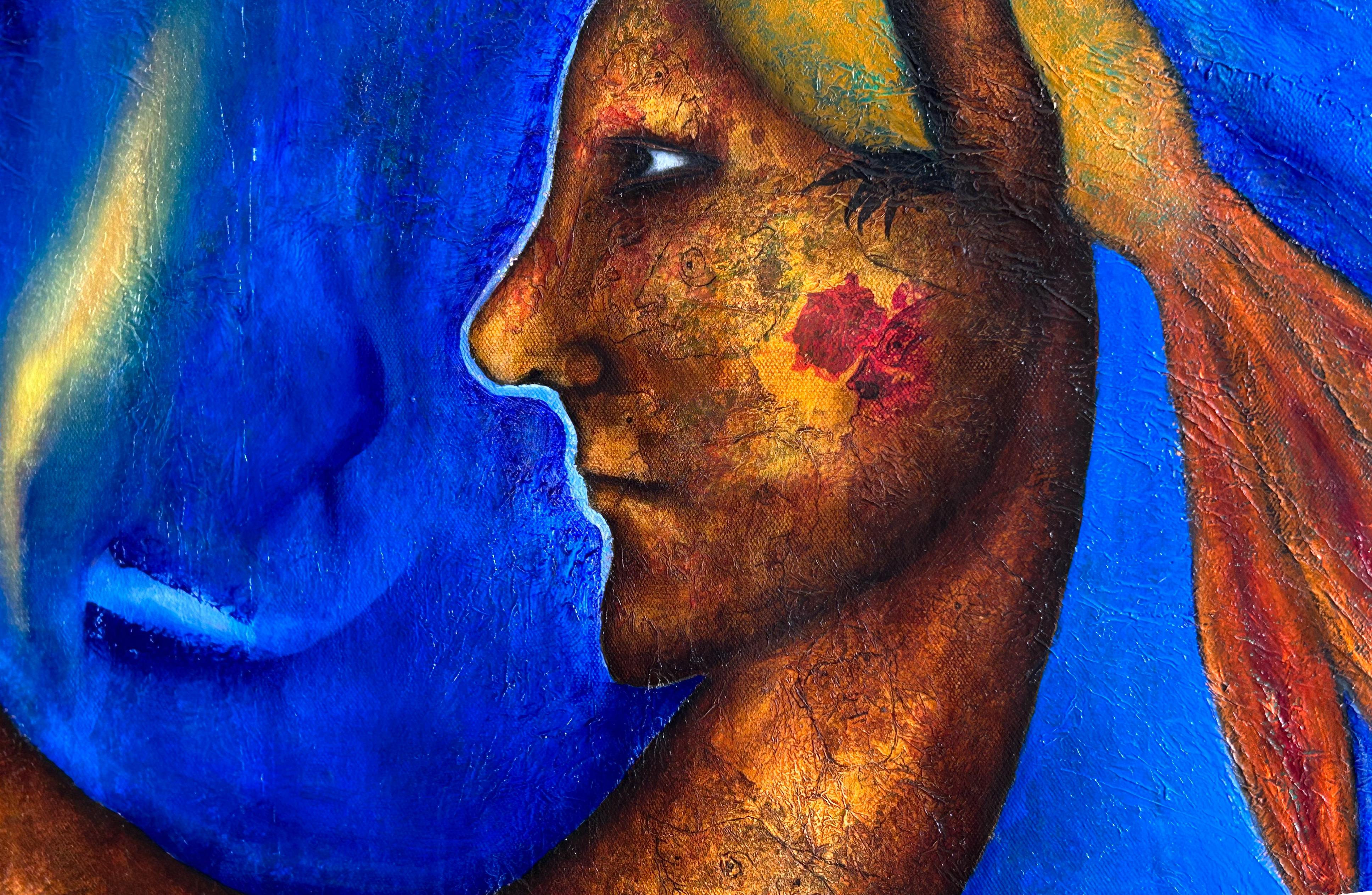 Oil Painting On Canvas In Blue Tones And Texture. 