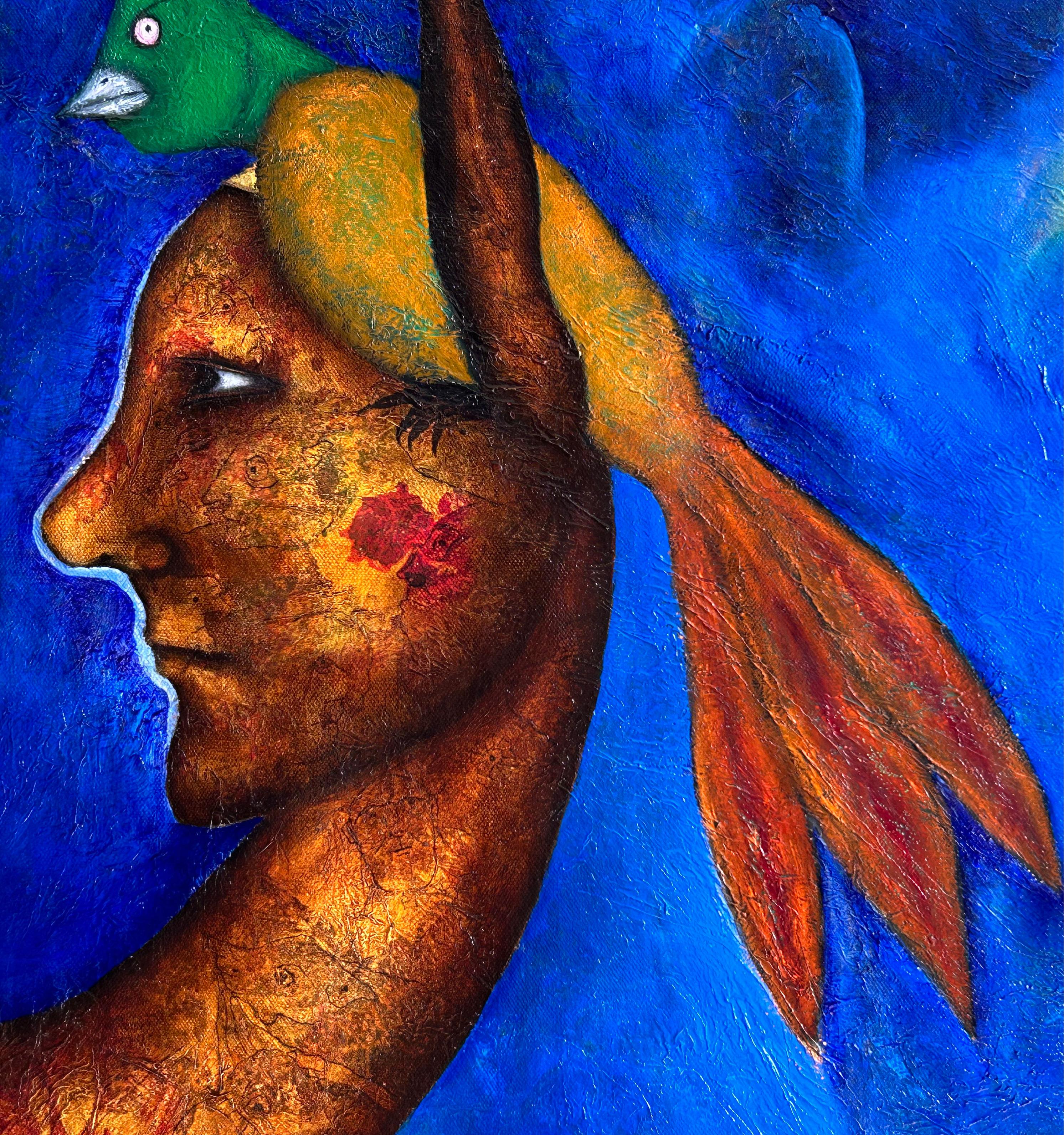 Oil Painting On Canvas In Blue Tones And Texture. 