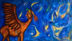 Pintura figurativa al óleo sobre lienzo en tonos azules y textura. "Noche en los Andes"
