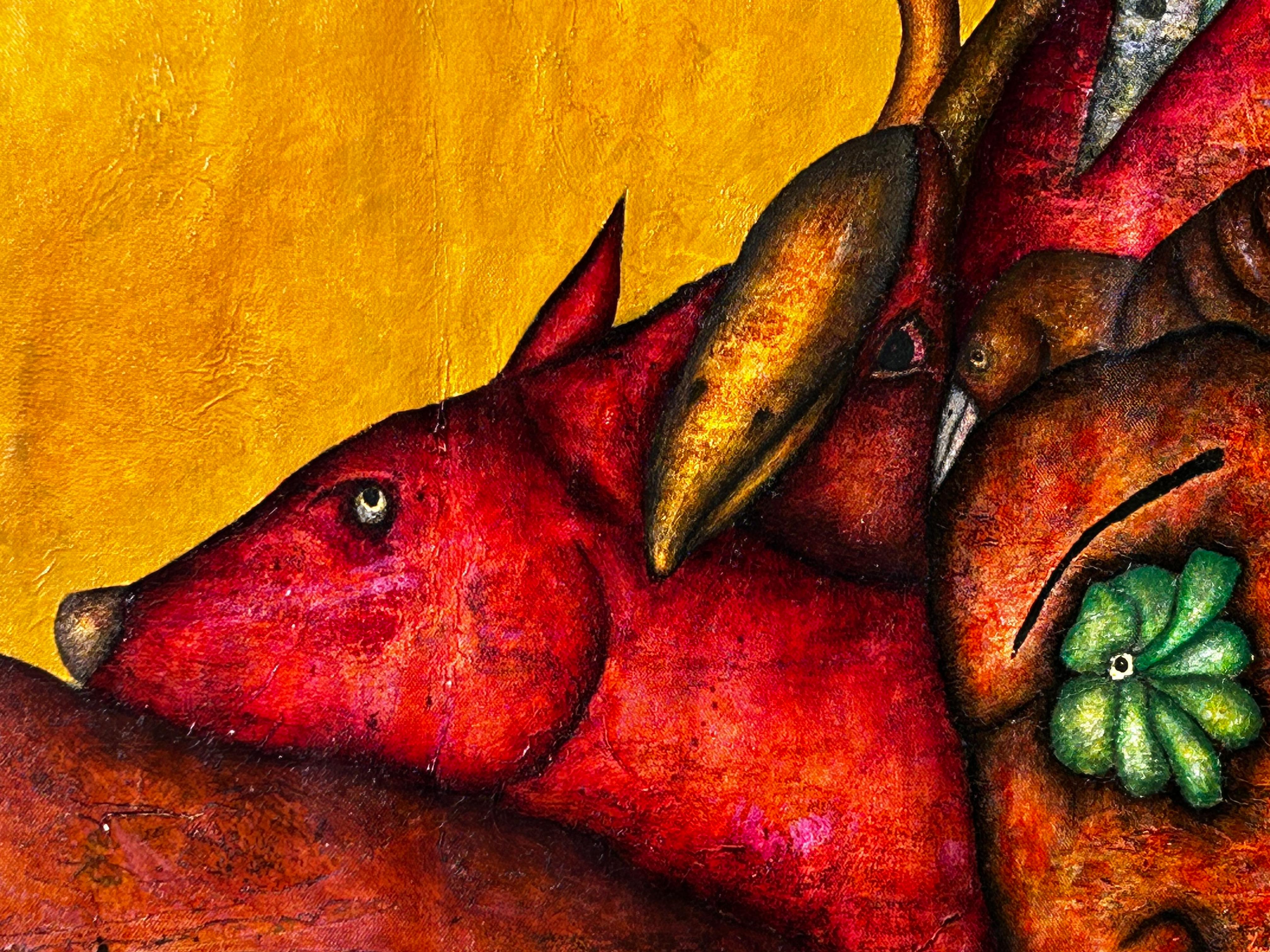 Pittura ad olio figurativa su tela con uccelli. 