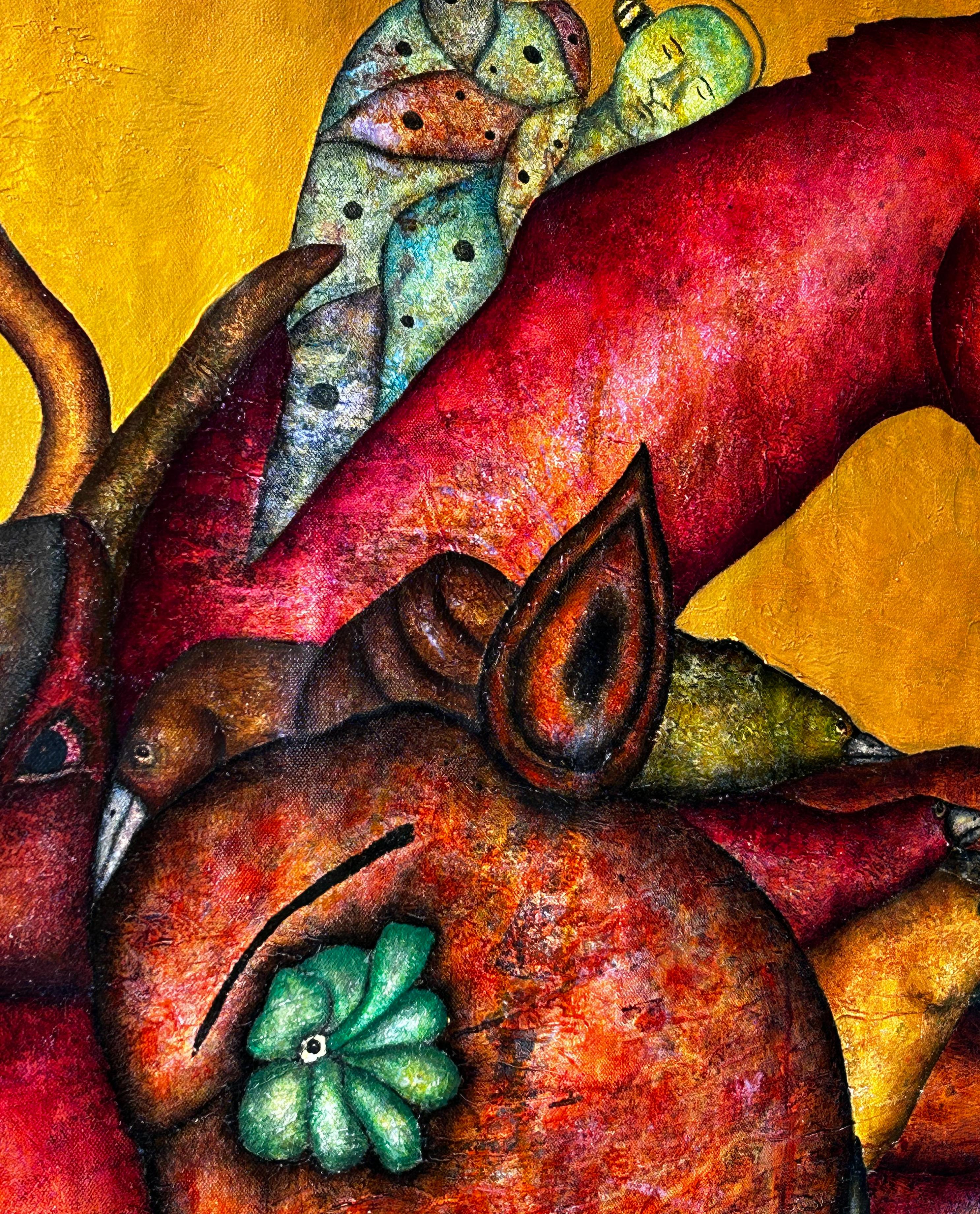 Pittura ad olio figurativa su tela con uccelli. 