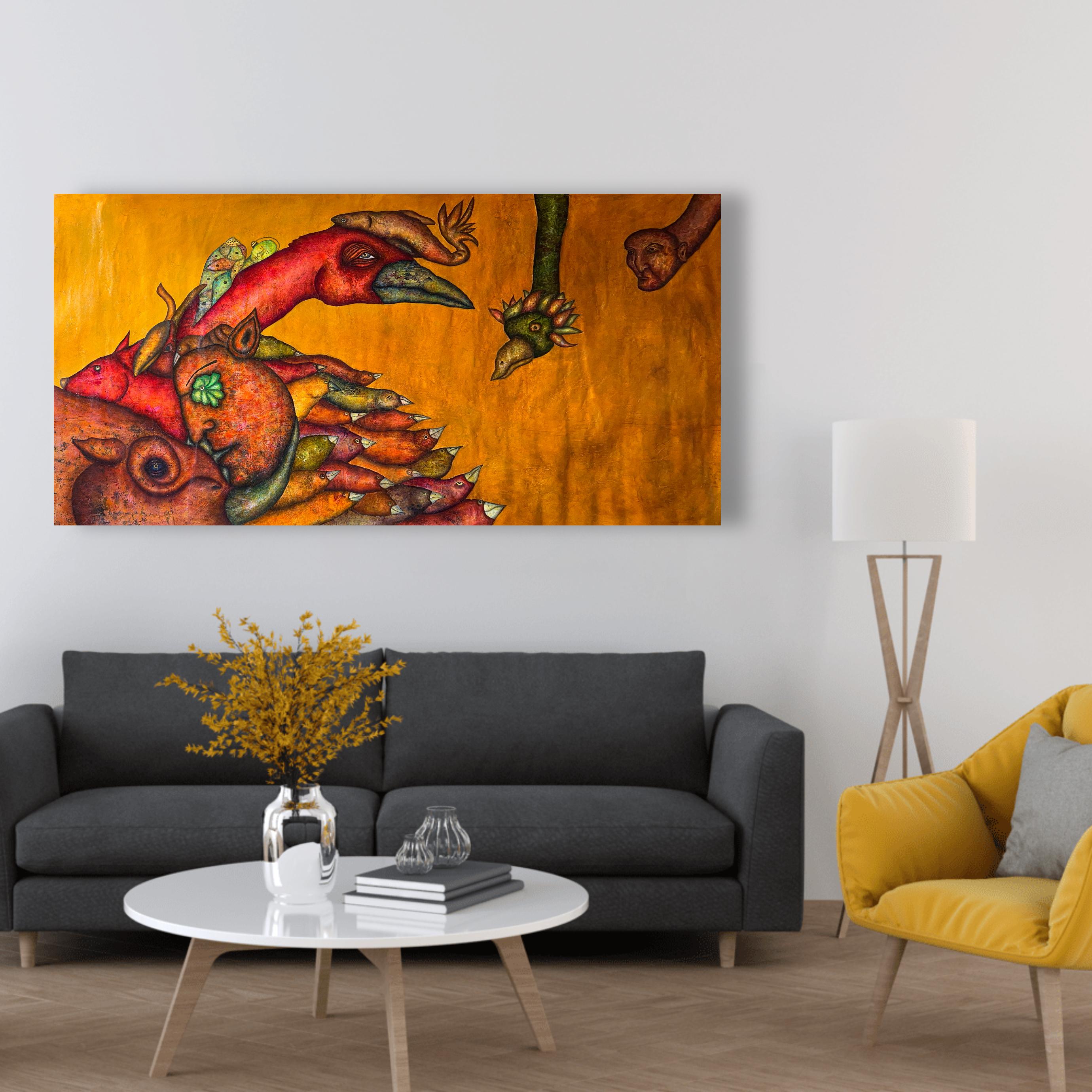 Pittura ad olio figurativa su tela con uccelli. 