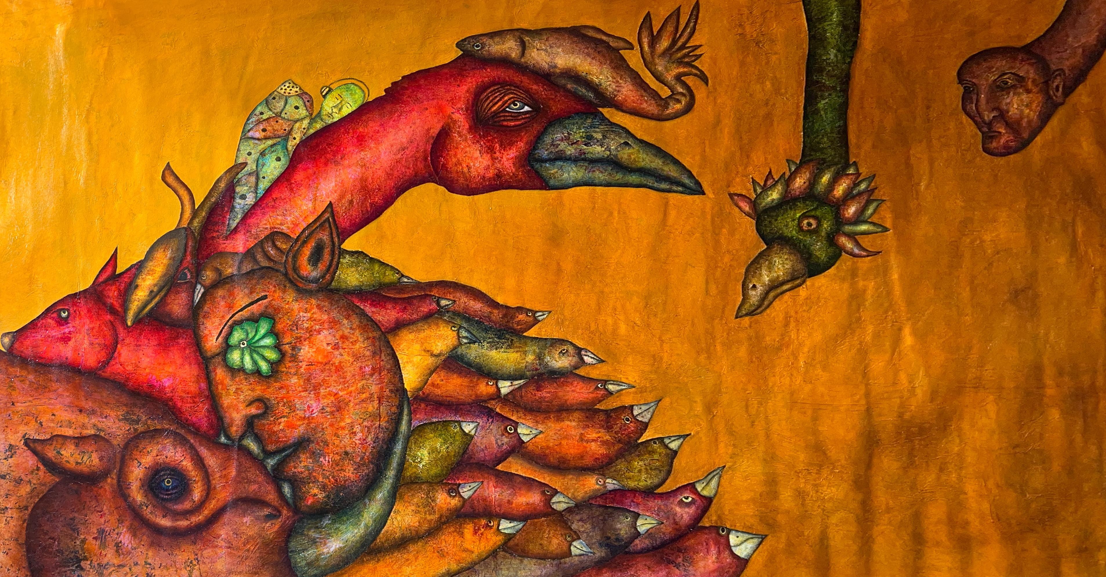 Pintura figurativa al óleo sobre lienzo con pájaros. "Sinfonía Amarilla 2"