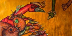 Pittura ad olio figurativa su tela con uccelli. "Sinfonia gialla 2"
