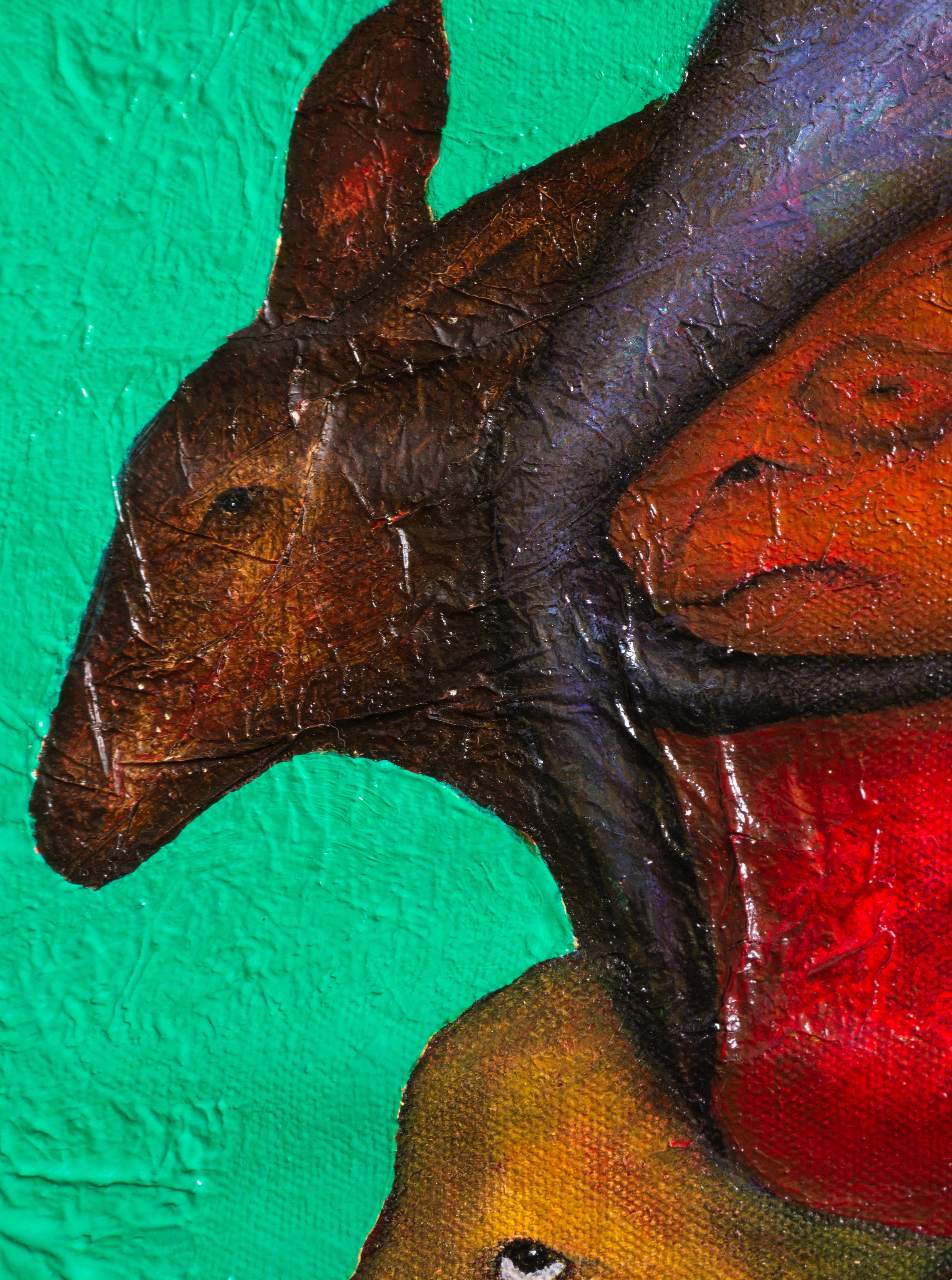FIGURATIVE Gemälde Tier „Emaragd-Whispers“, Öltextur, gemischt 2022 (Zeitgenössisch), Painting, von Luis Alexander Rodríguez (Ie-Xiua)