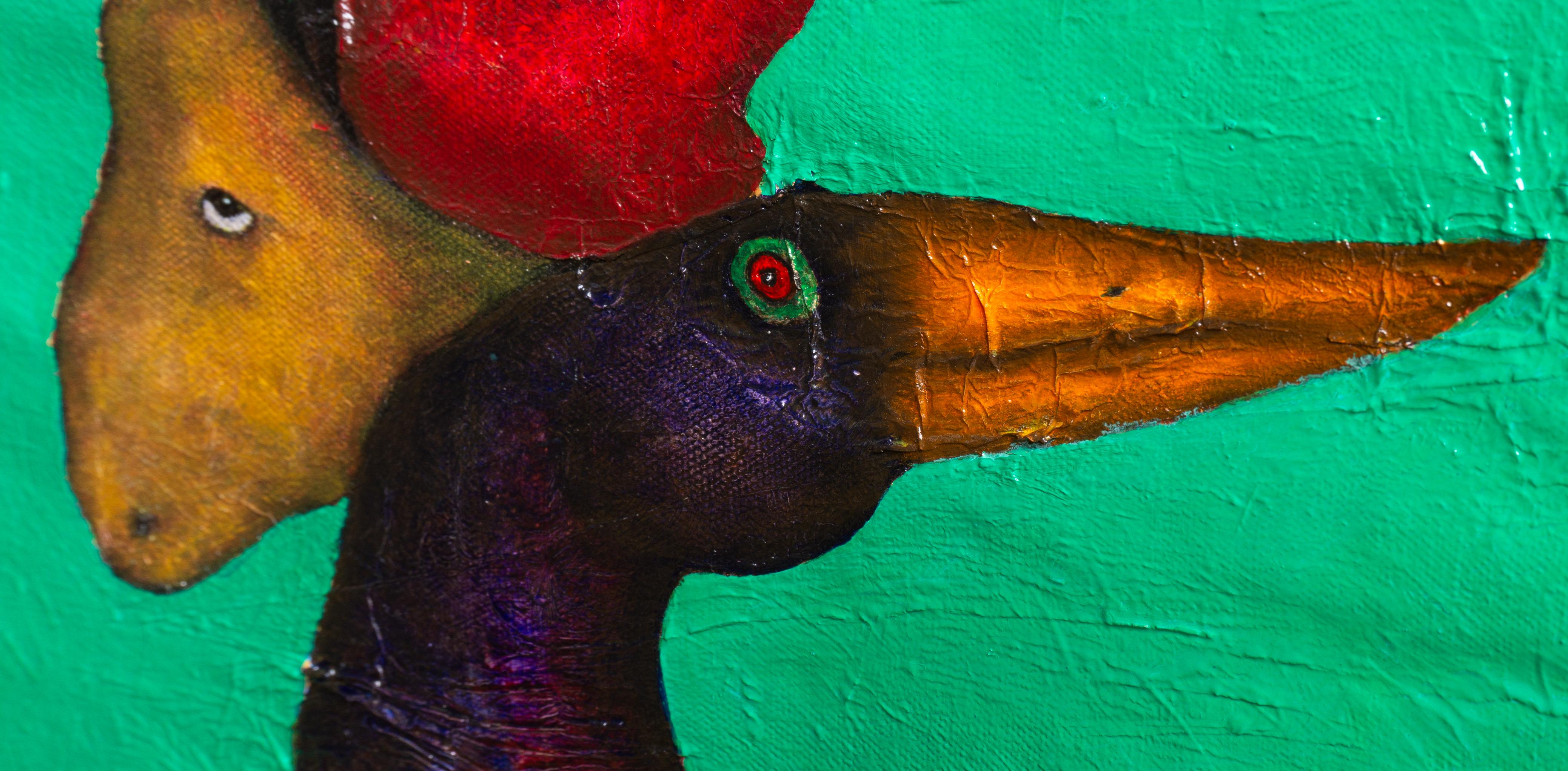 Oil painting on canvas. Animals emerging from within. This is an attempt to interconnect the coexistence of different species. I invite the viewer to reflect on the symbiotic and often complex relationship between humans and animals. Created with