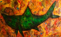 SURREAL Figurative Magical Painting, "Green fish" textured mixed technique 2023