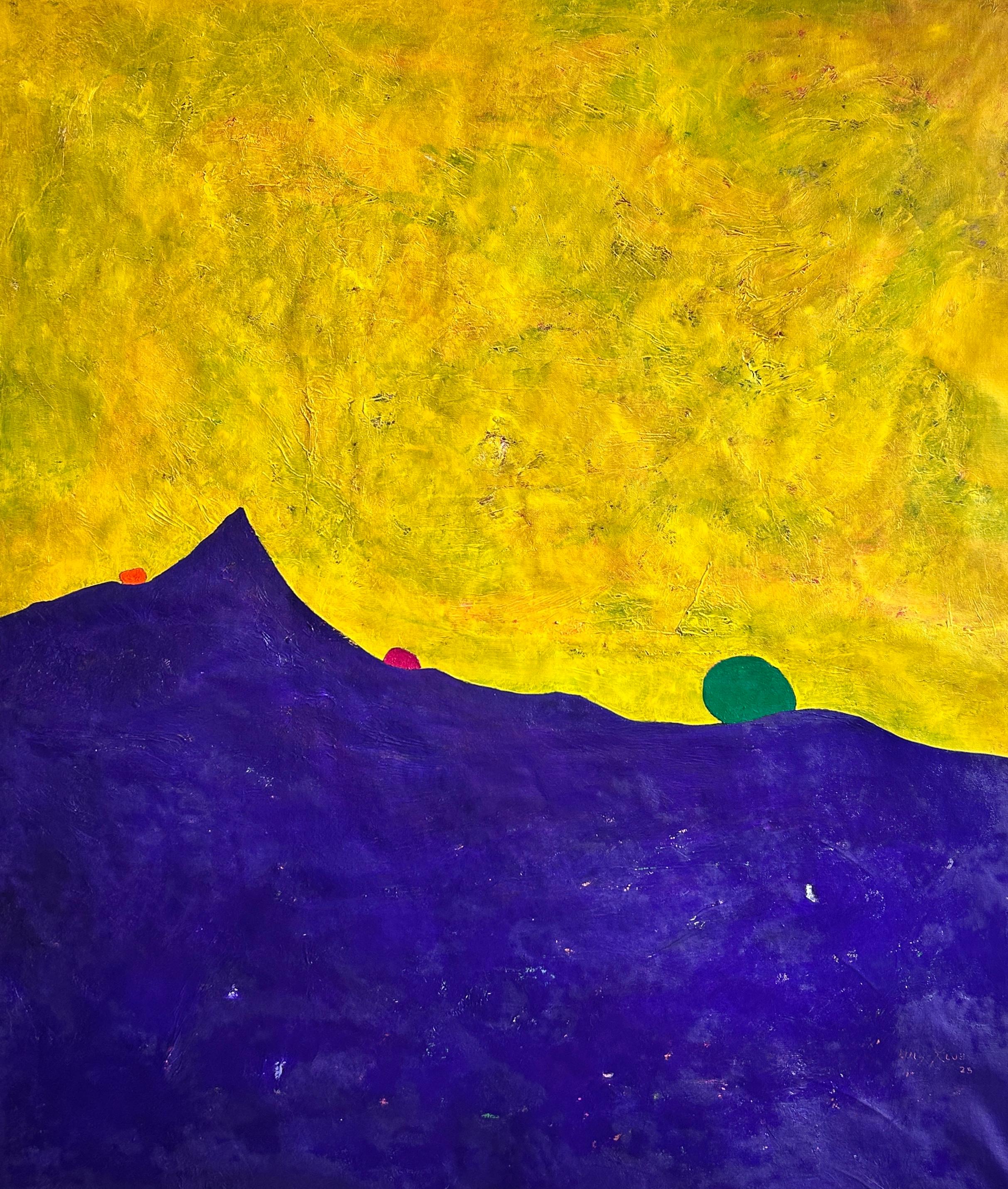 This abstract painting explores the relationship between color, form, and space through the use of two dominant fields: a deep violet blue shape suggesting a mountainous contour and a yellow upper section that evokes an expansive atmosphere. The