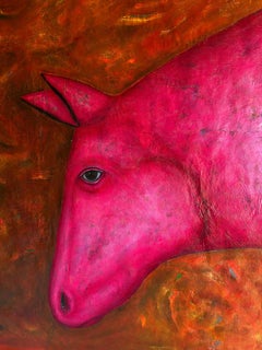 Horse in Pink Oil Painting on Canvas, Figurative, Signed, 81x78 cm