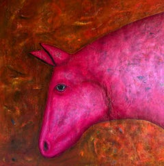 Horse in Pink Oil Painting on Canvas, Figurative, Signed, 81x78 cm