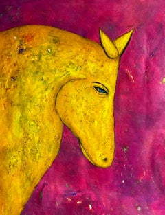 Cavallo in giallo al tramonto, olio e acrilico su tela di cotone, 77cm