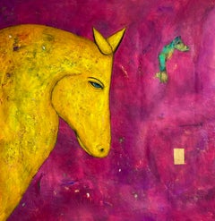 Cavallo in giallo al tramonto, olio e acrilico su tela di cotone, 77cm