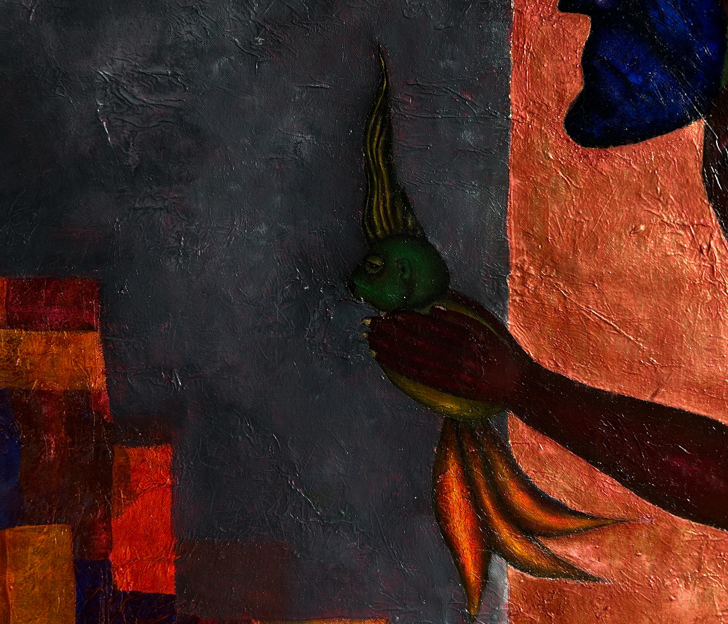 Cette peinture figurative représente un homme entouré d'êtres fantastiques dans un décor éthéré. La présence humaine et les éléments magiques créent un contexte serein et intemporel. La palette de couleurs ajoute une touche de mystère à la pièce.