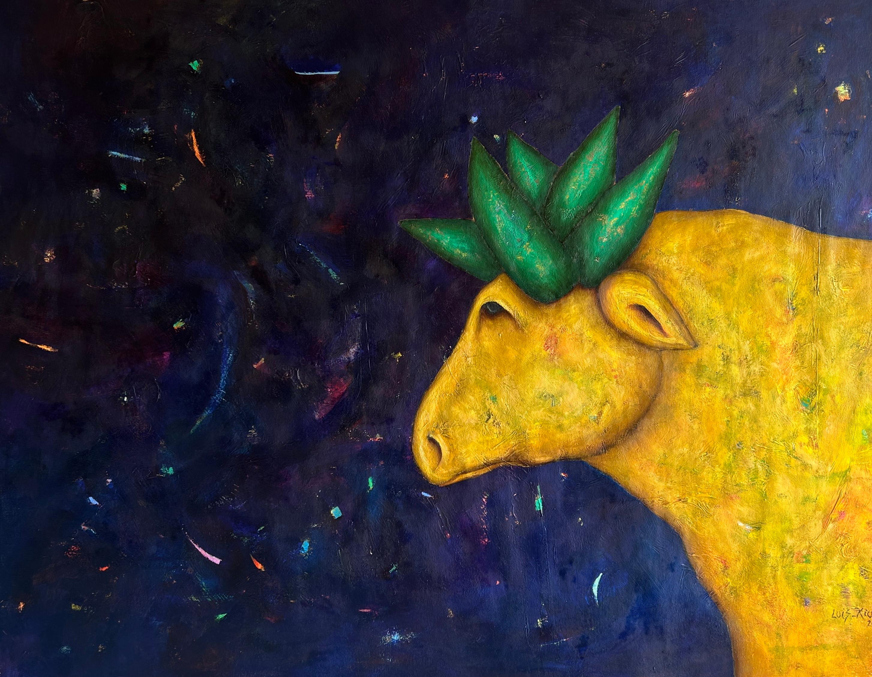 "Magic Bull" - Dipinto a olio su tela giallo, firmato, 78x100 cm
