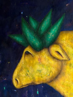 Magic Bull in Yellow Oil Painting on Canvas, Signed Artwork