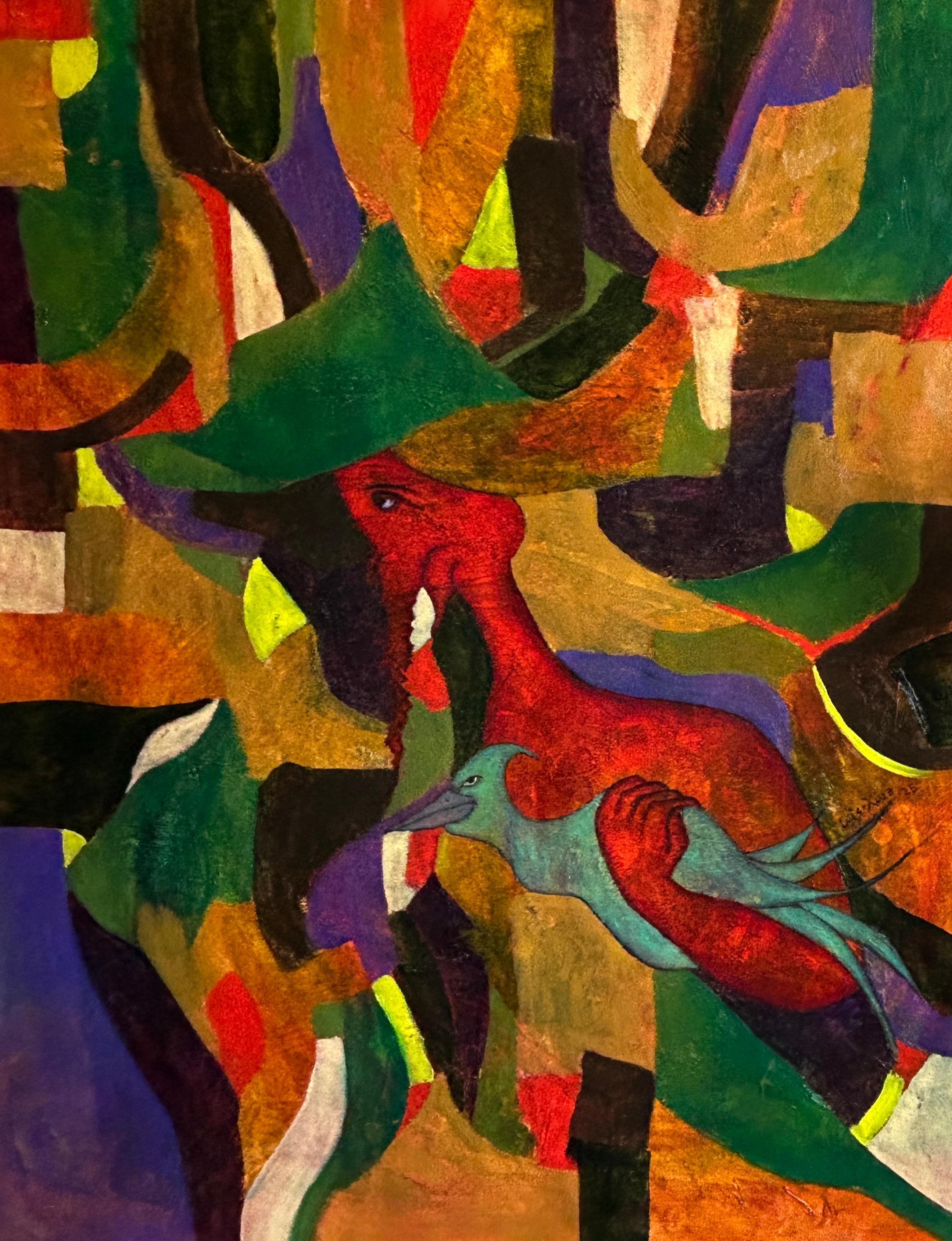 Painting with a composition of overlapping planes and figures. The scene presents a space constructed through geometric and organic forms in relationships of crossing and continuity. At the center appears a zoomorphic figure with hybrid features,