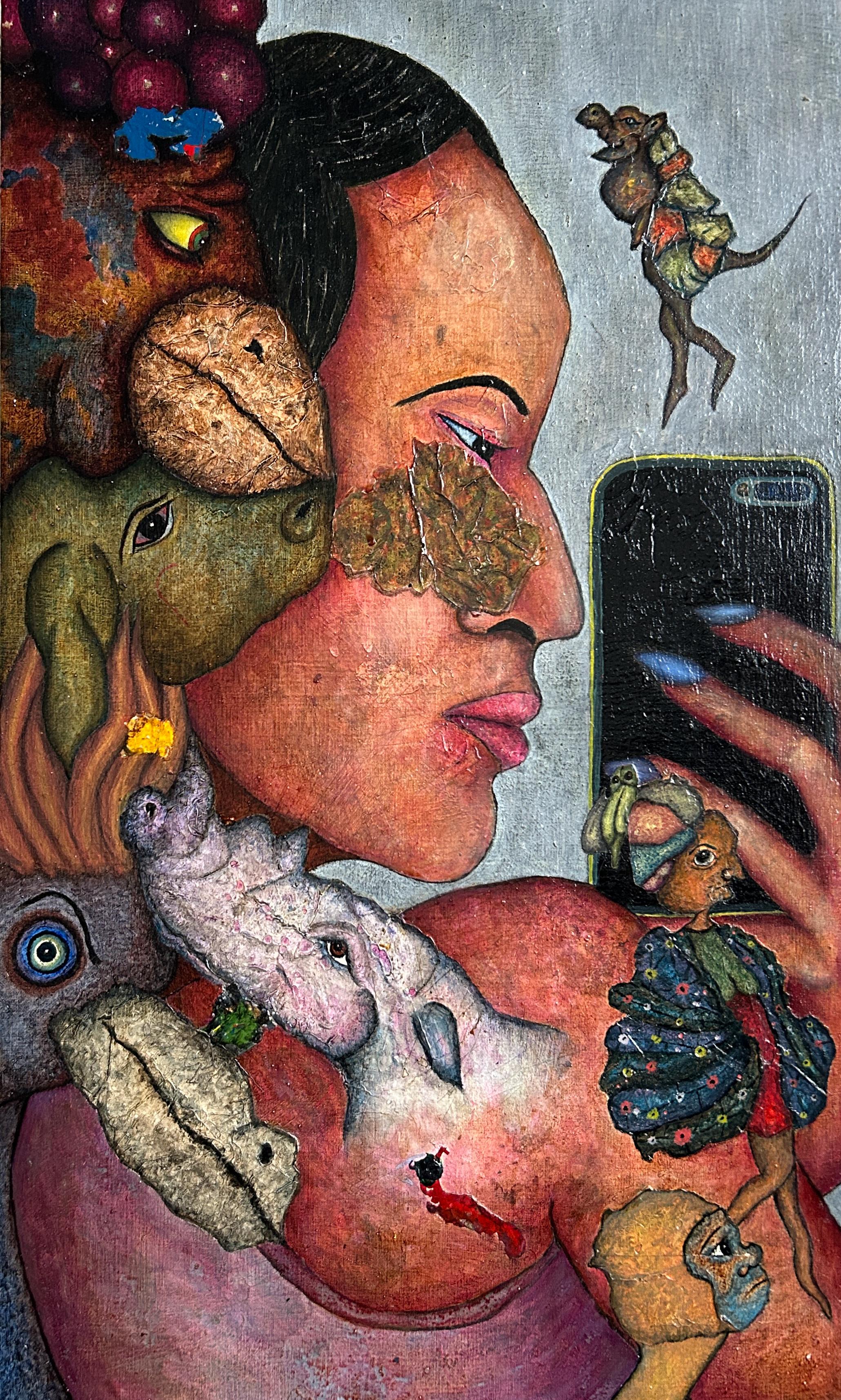 Animal Painting di Luis Alexander Rodríguez (Ie-Xiua) - Olio su tavola e Selfie, Animali. "Dubbio".