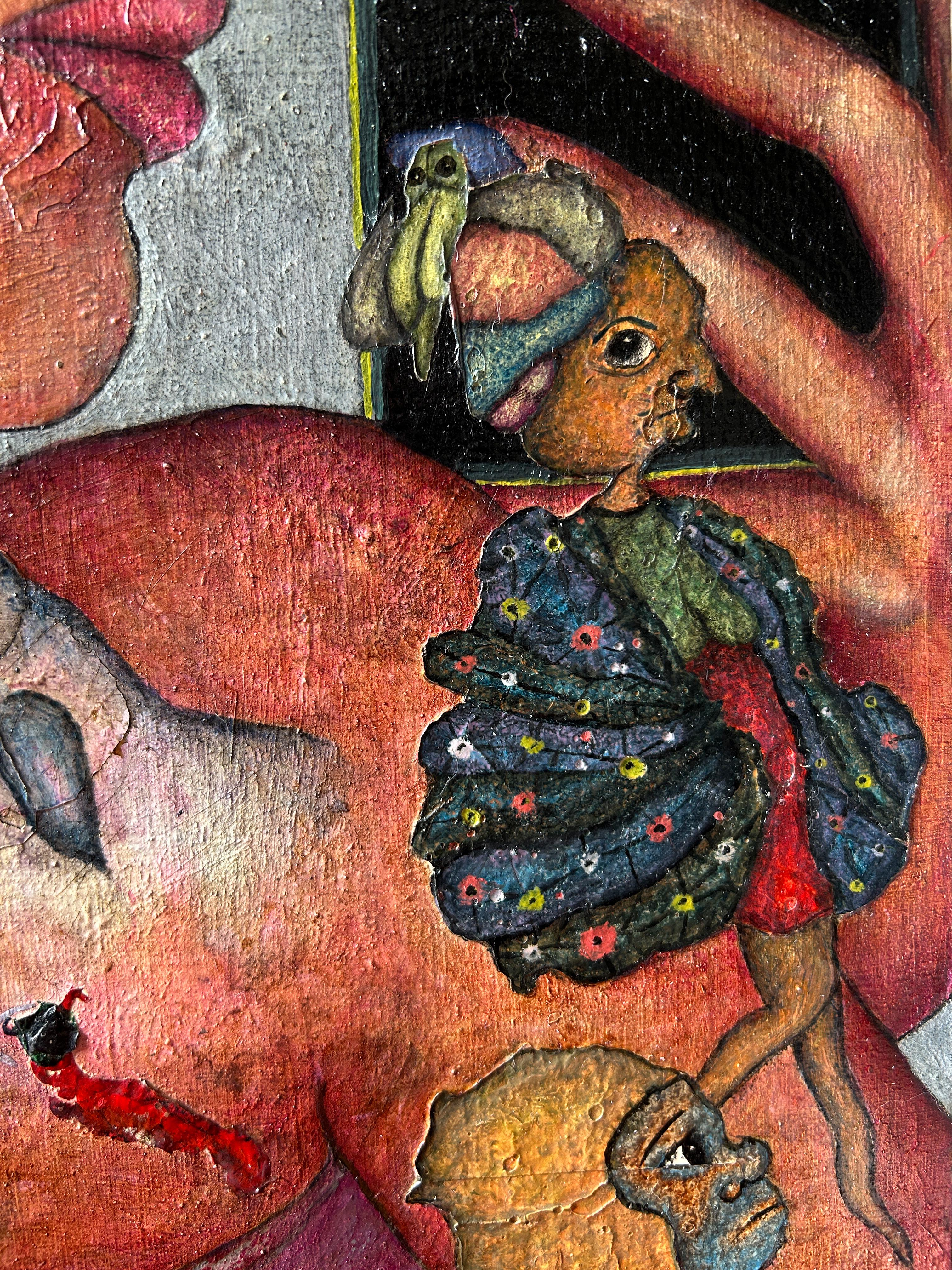 Oil on Board And Textures With Selfie, Animals And Figures. “Doubt”. For Sale 5