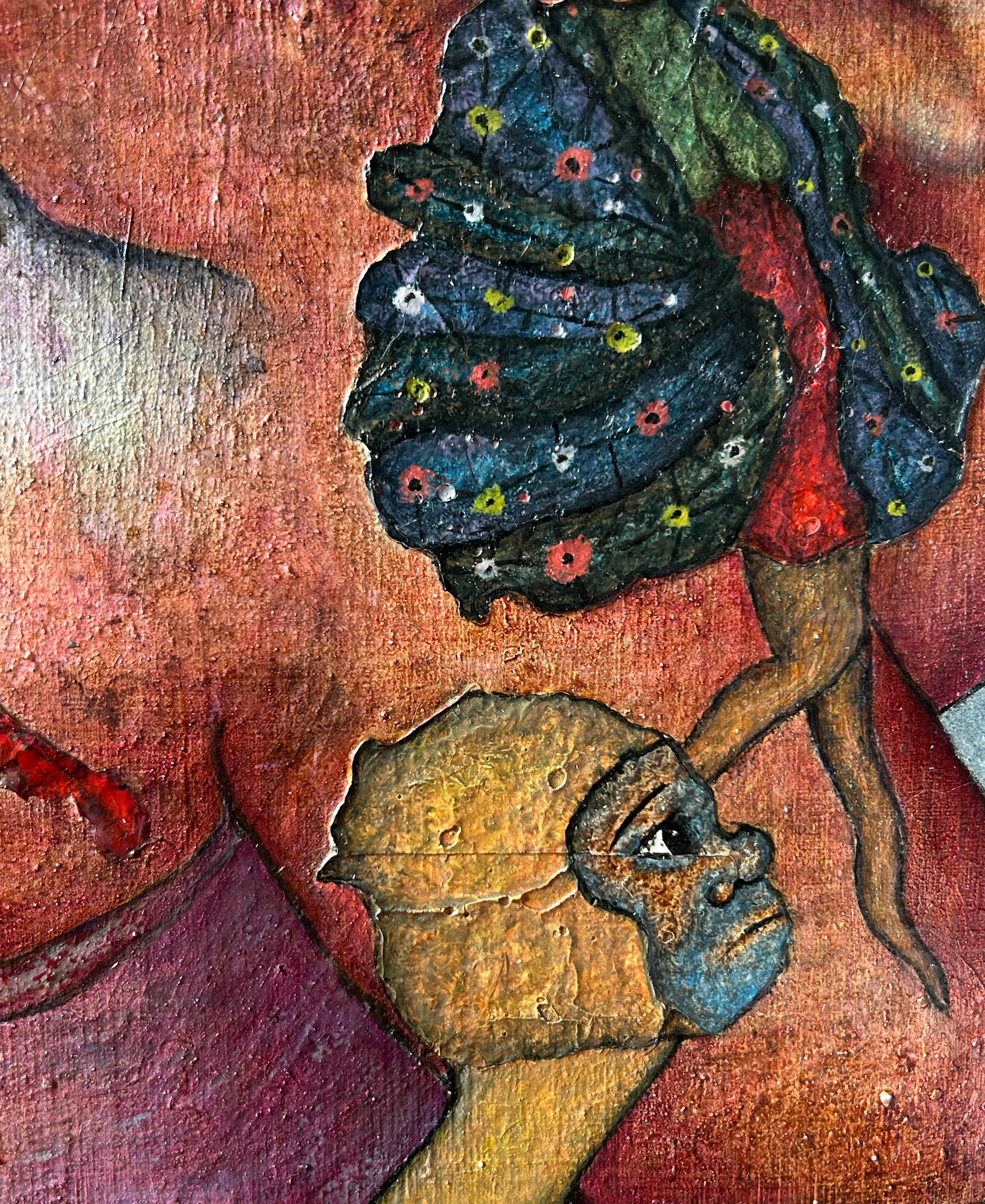 Oil on Board And Textures With Selfie, Animals And Figures. “Doubt”. For Sale 6