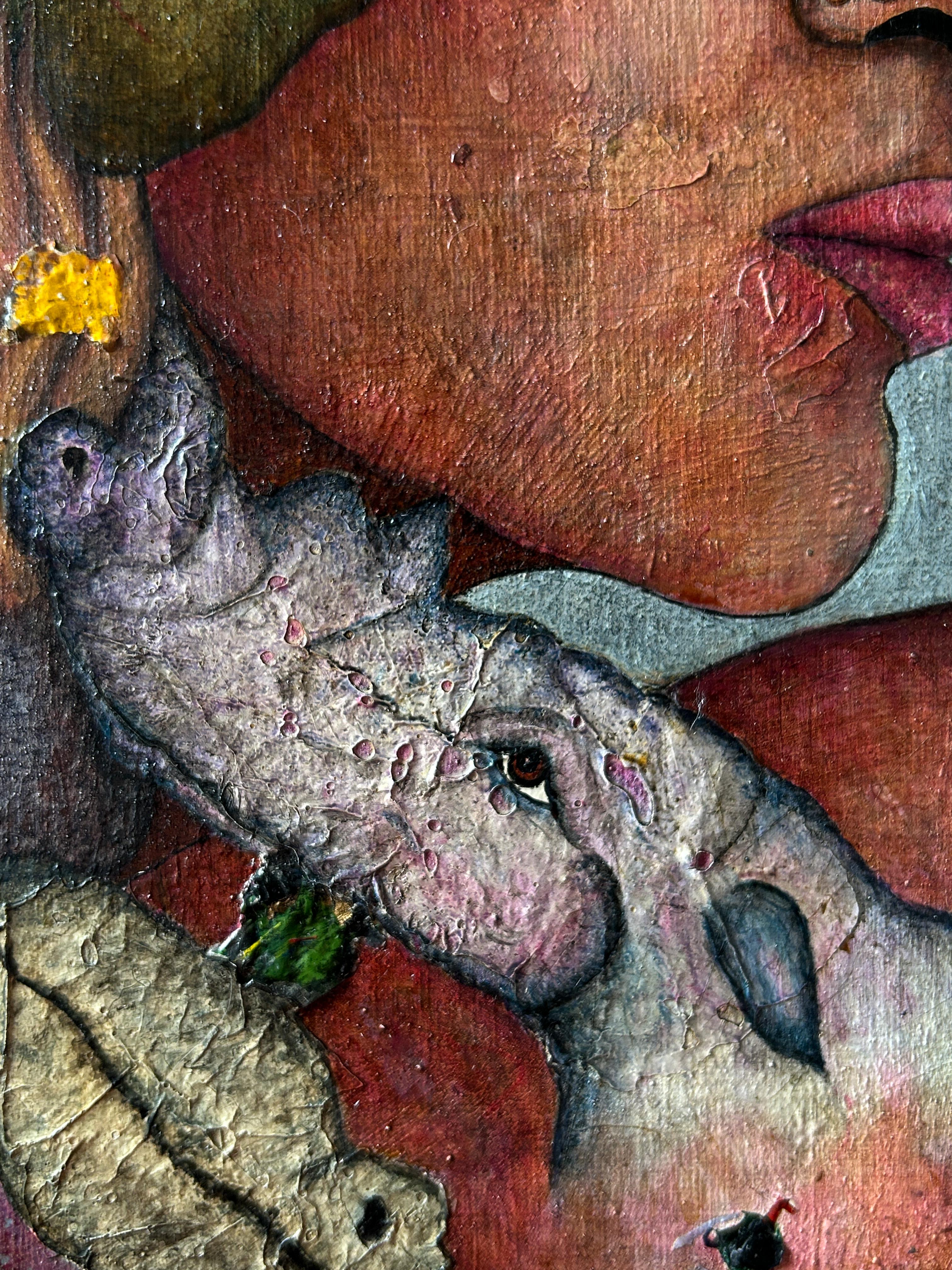Oil on Board And Textures With Selfie, Animals And Figures. “Doubt”. For Sale 7