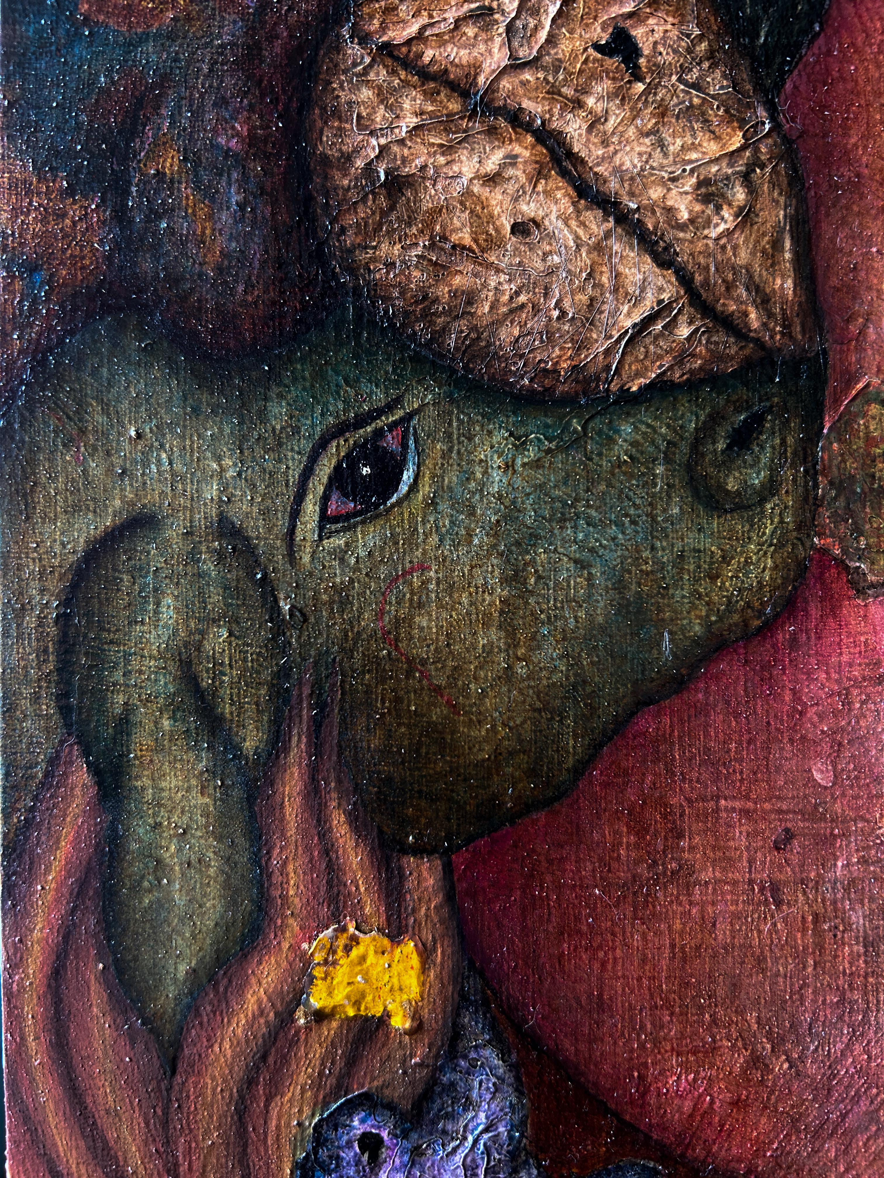 Selfie Figurative Magical Painting, oil on board, textured mixed media, created in 2021. This piece represents one of my earlier works, which explores our connection with animals through a human and magical lens. Animals and humans are depicted as