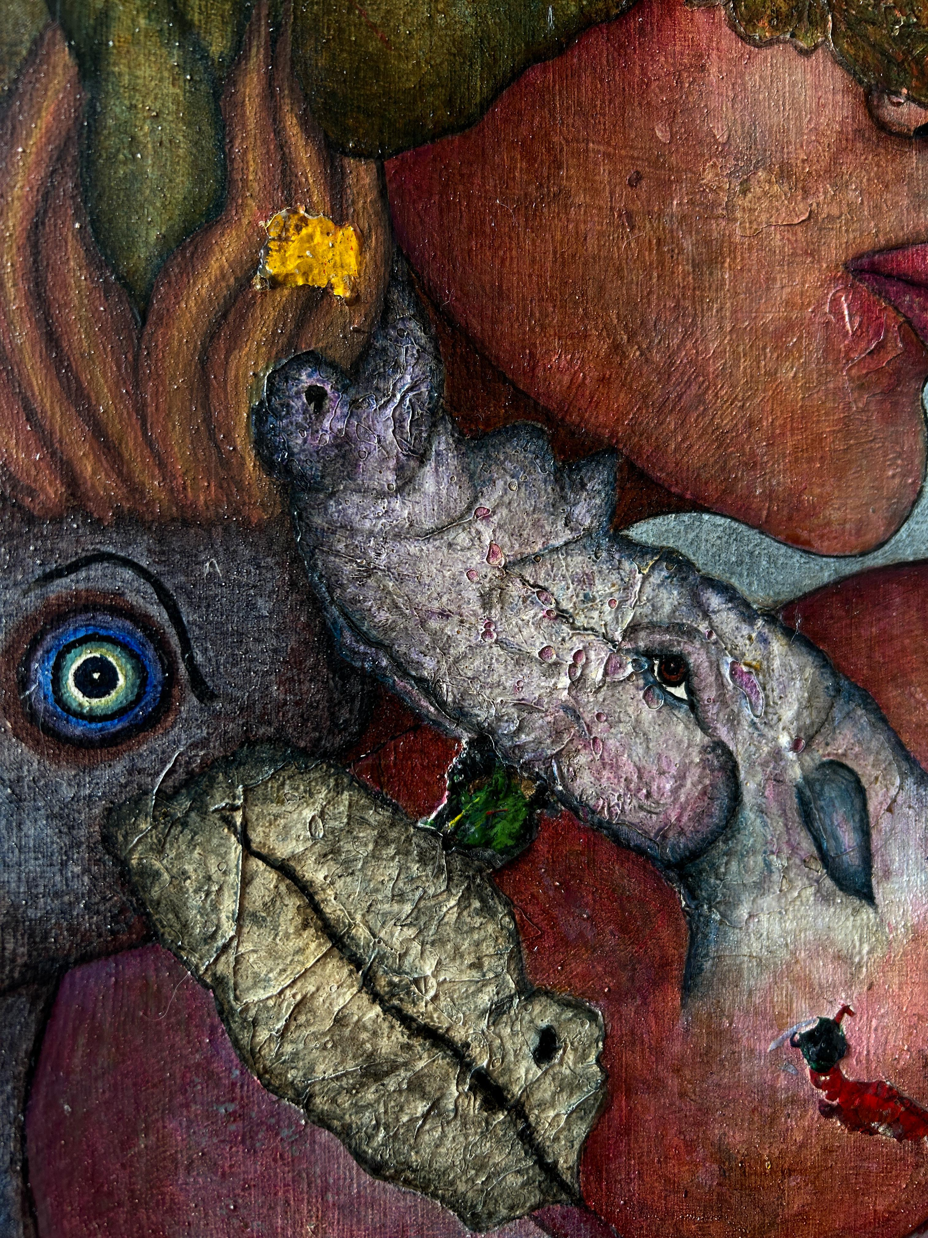 Oil on Board And Textures With Selfie, Animals And Figures. “Doubt”. For Sale 1