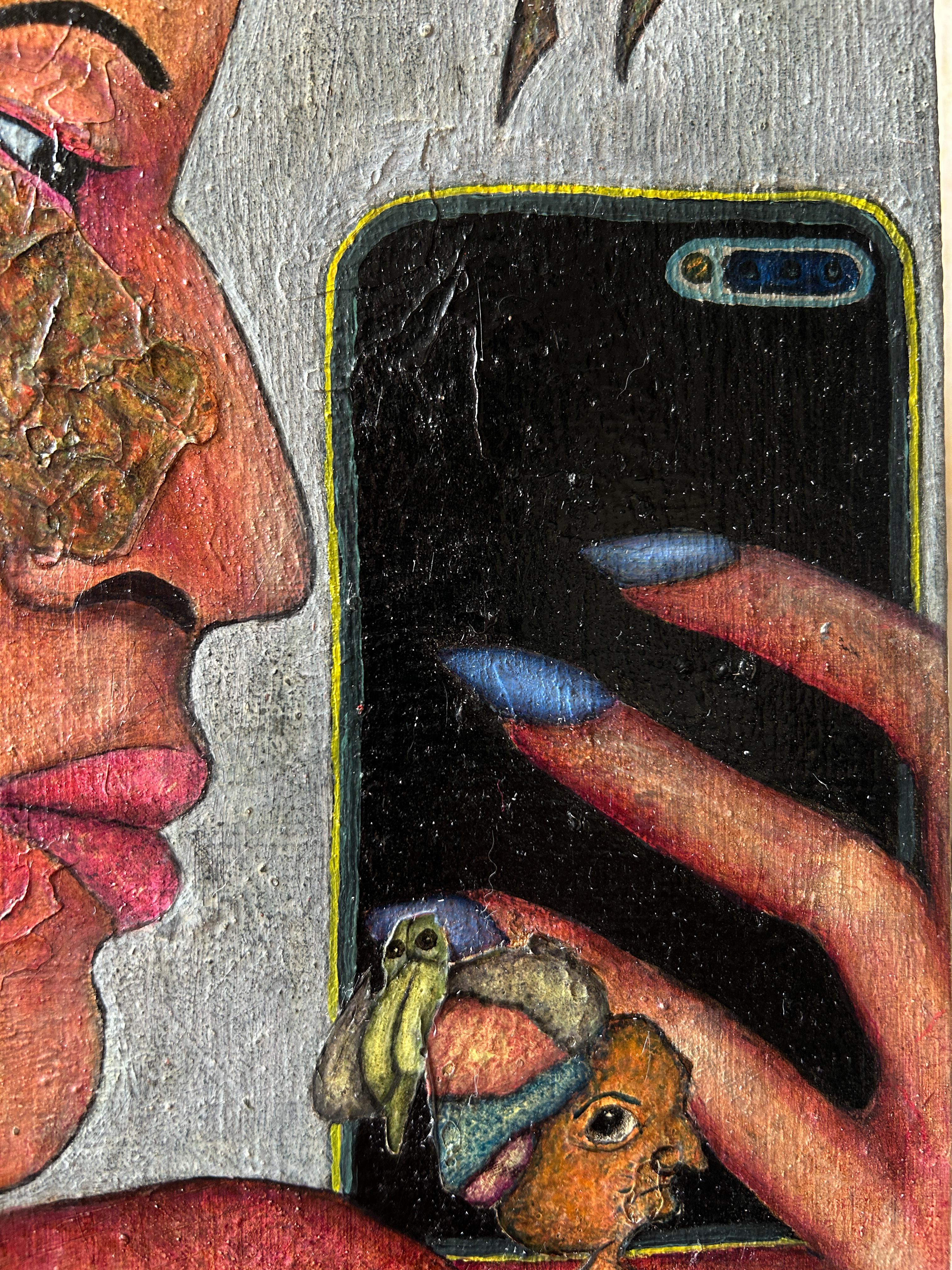 Oil on Board And Textures With Selfie, Animals And Figures. “Doubt”. For Sale 2