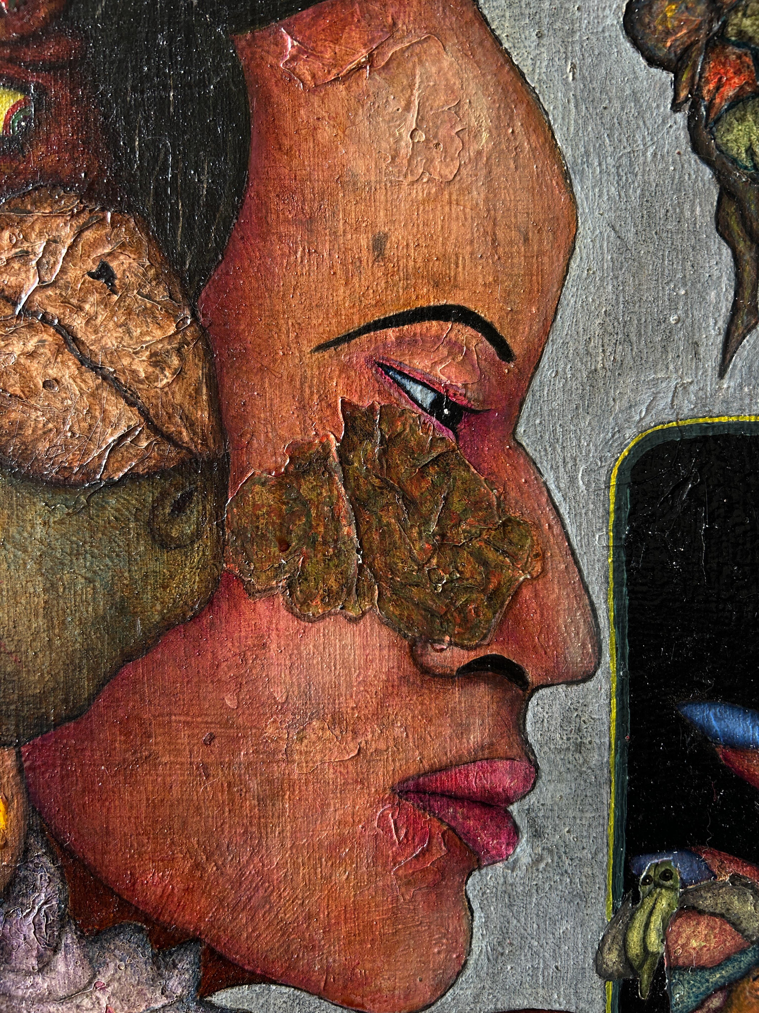 Oil on Board And Textures With Selfie, Animals And Figures. “Doubt”. For Sale 3
