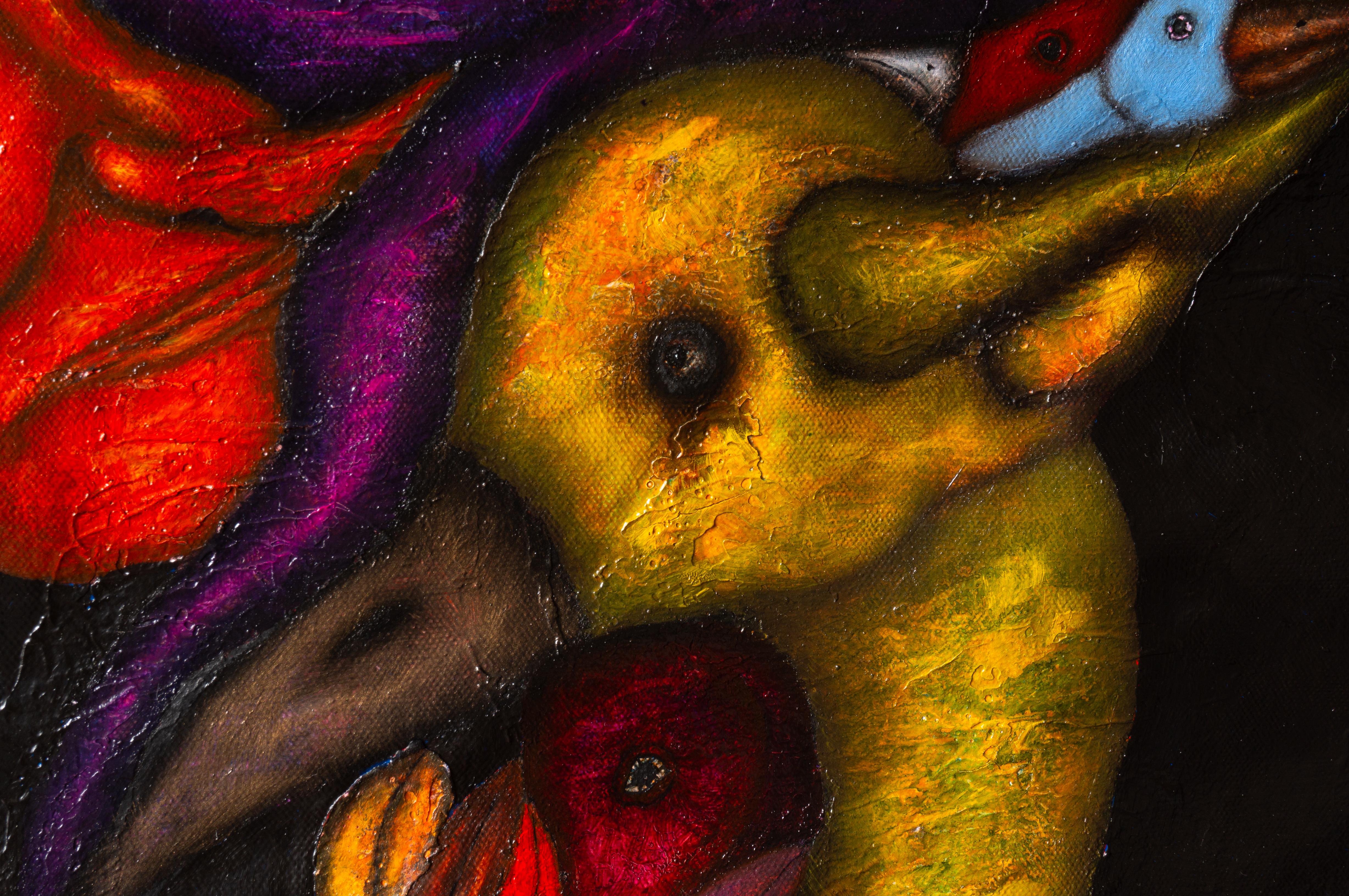Olio su tela con animali e figure in ombra naturale. 