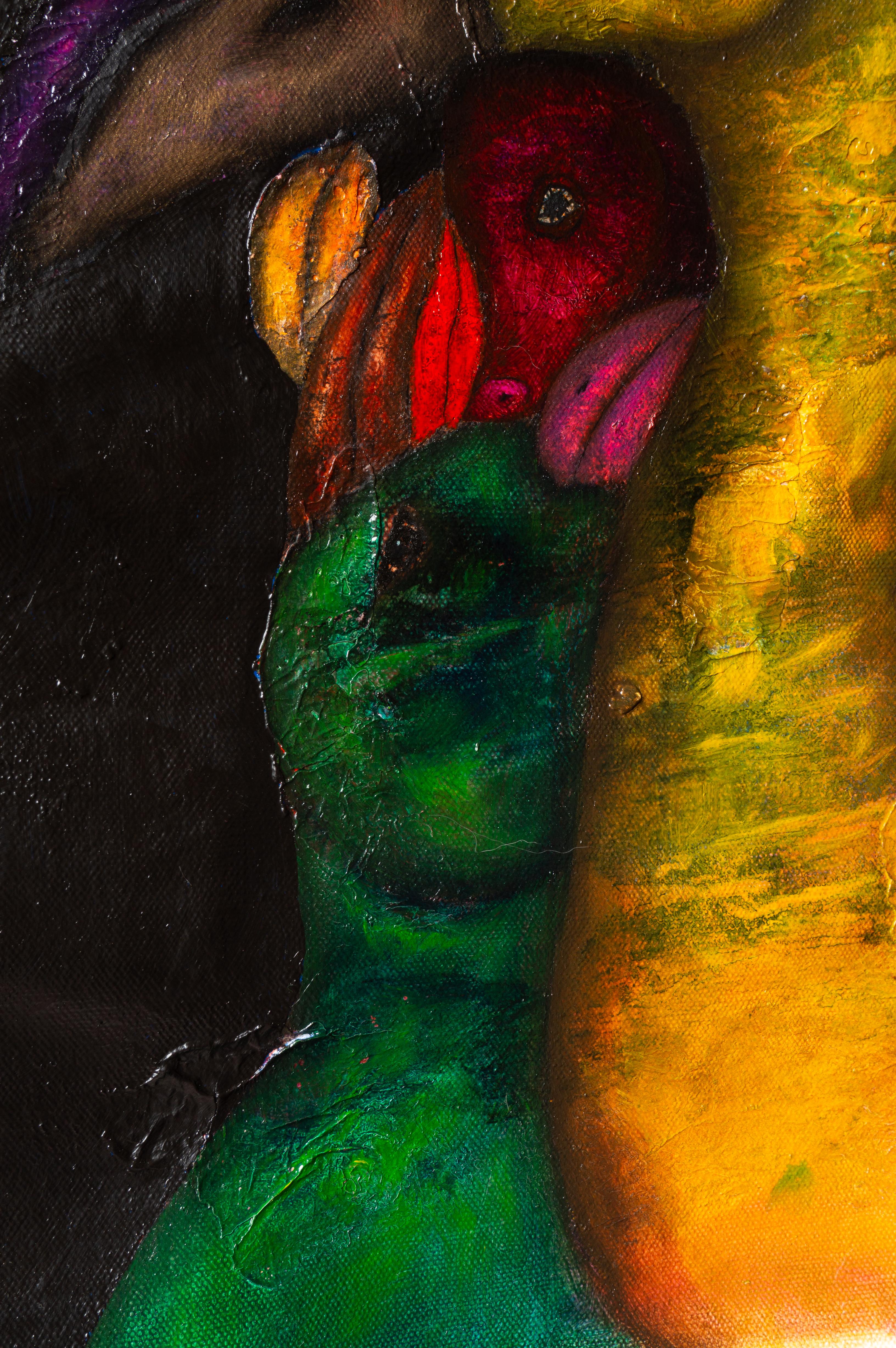 Olio su tela con animali e figure in ombra naturale. 