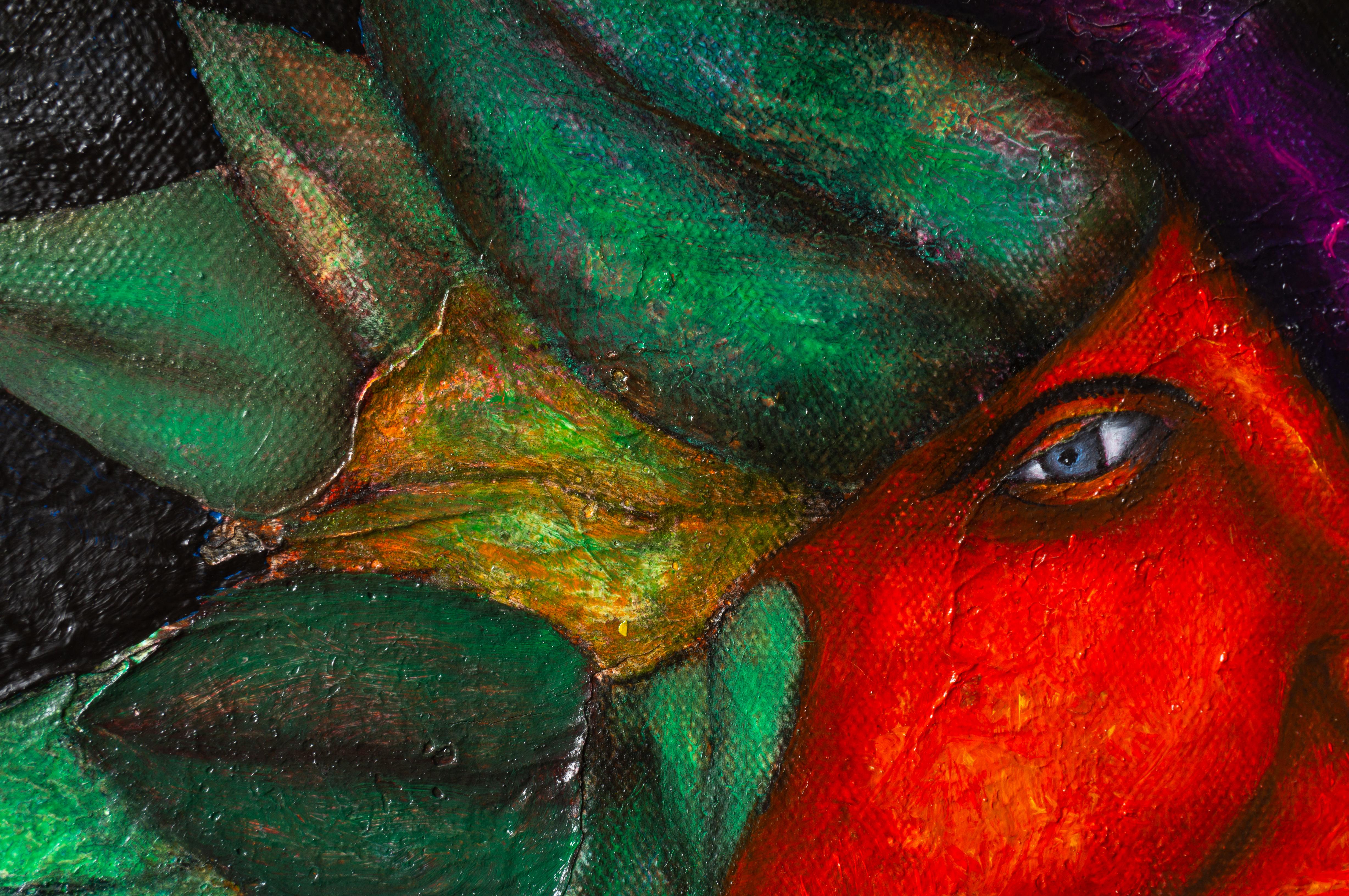Olio su tela con animali e figure in ombra naturale. 