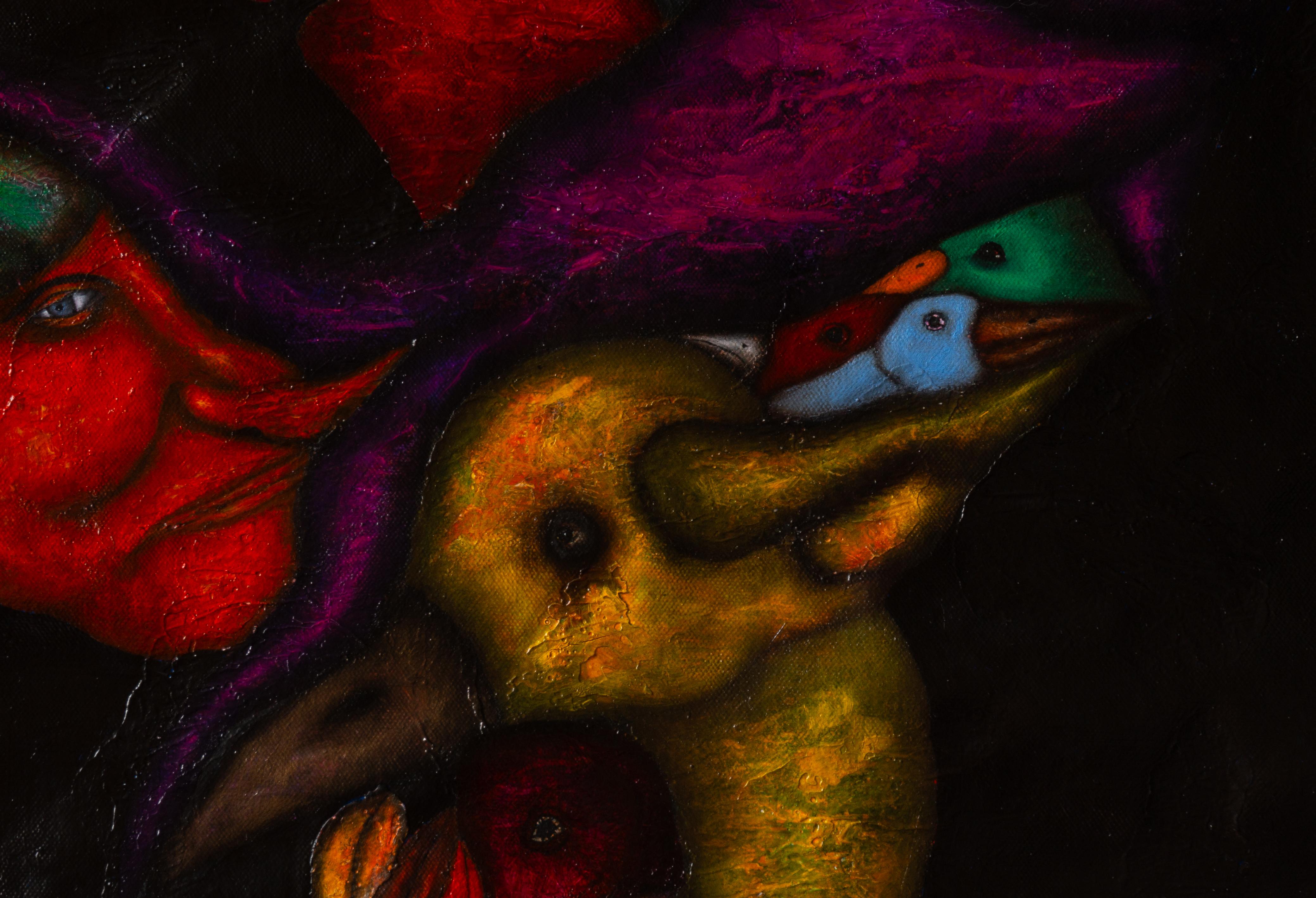 Olio su tela con animali e figure in ombra naturale. 