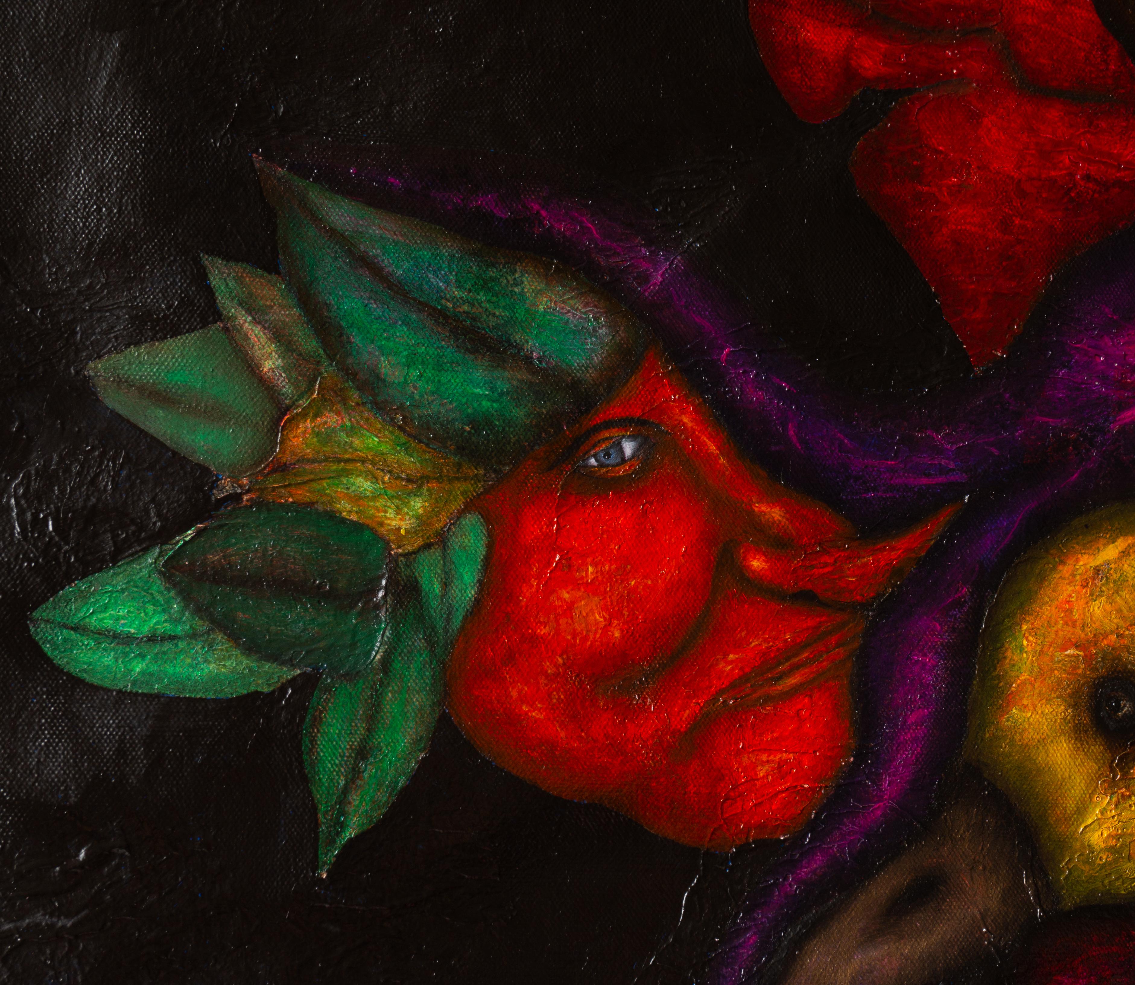 Olio su tela con animali e figure in ombra naturale. 