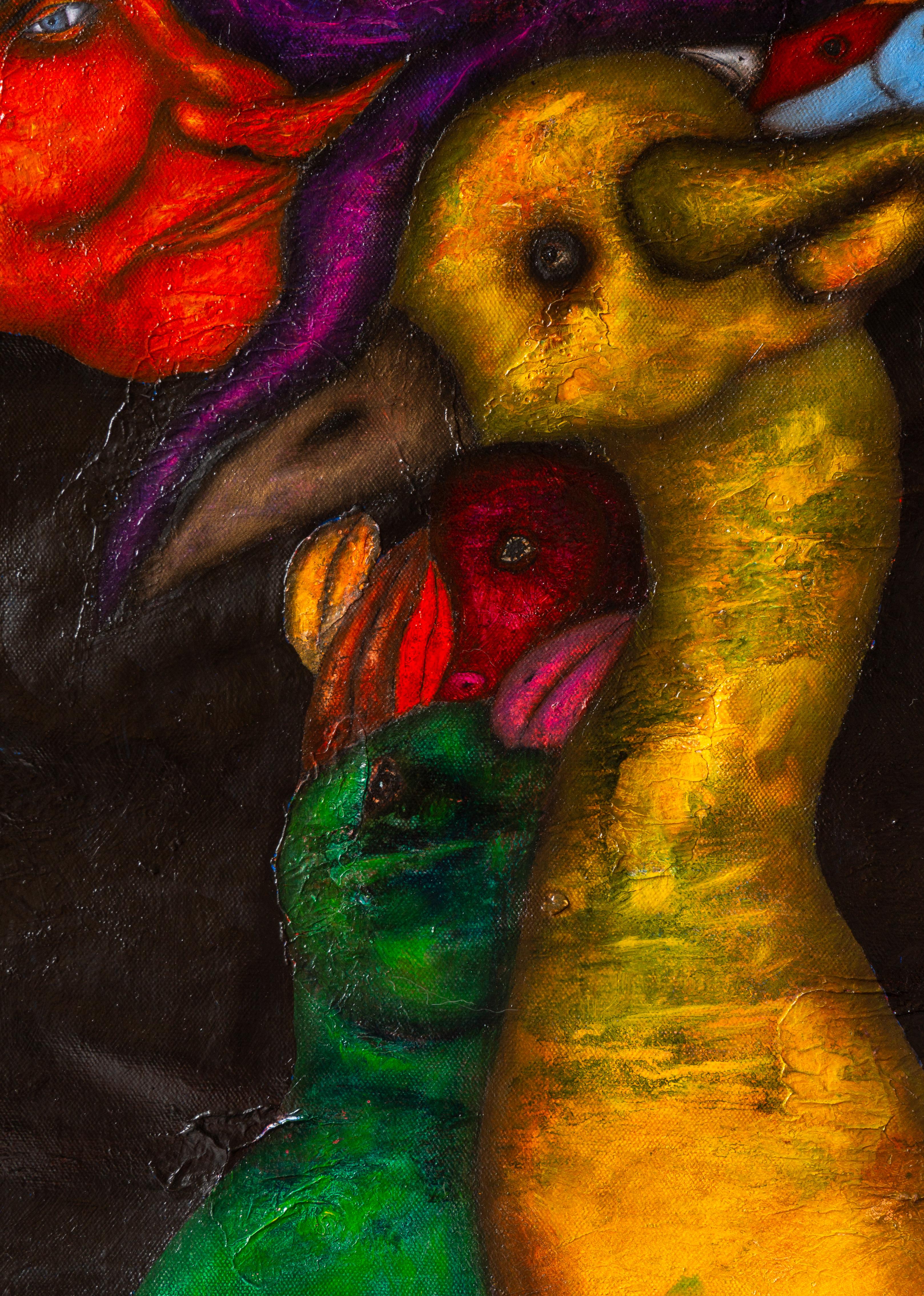 Olio su tela con animali e figure in ombra naturale. 