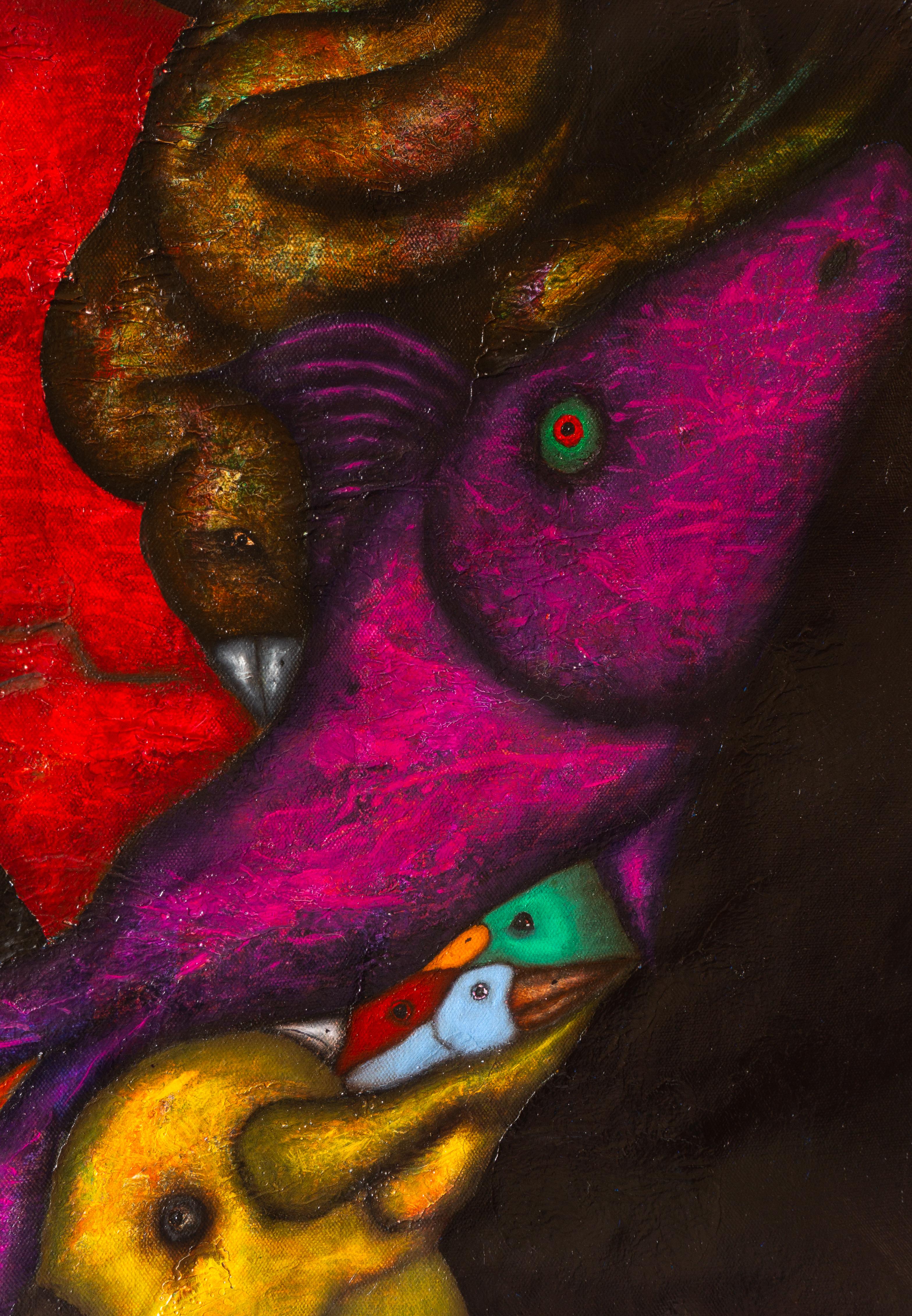Olio su tela con animali e figure in ombra naturale. 