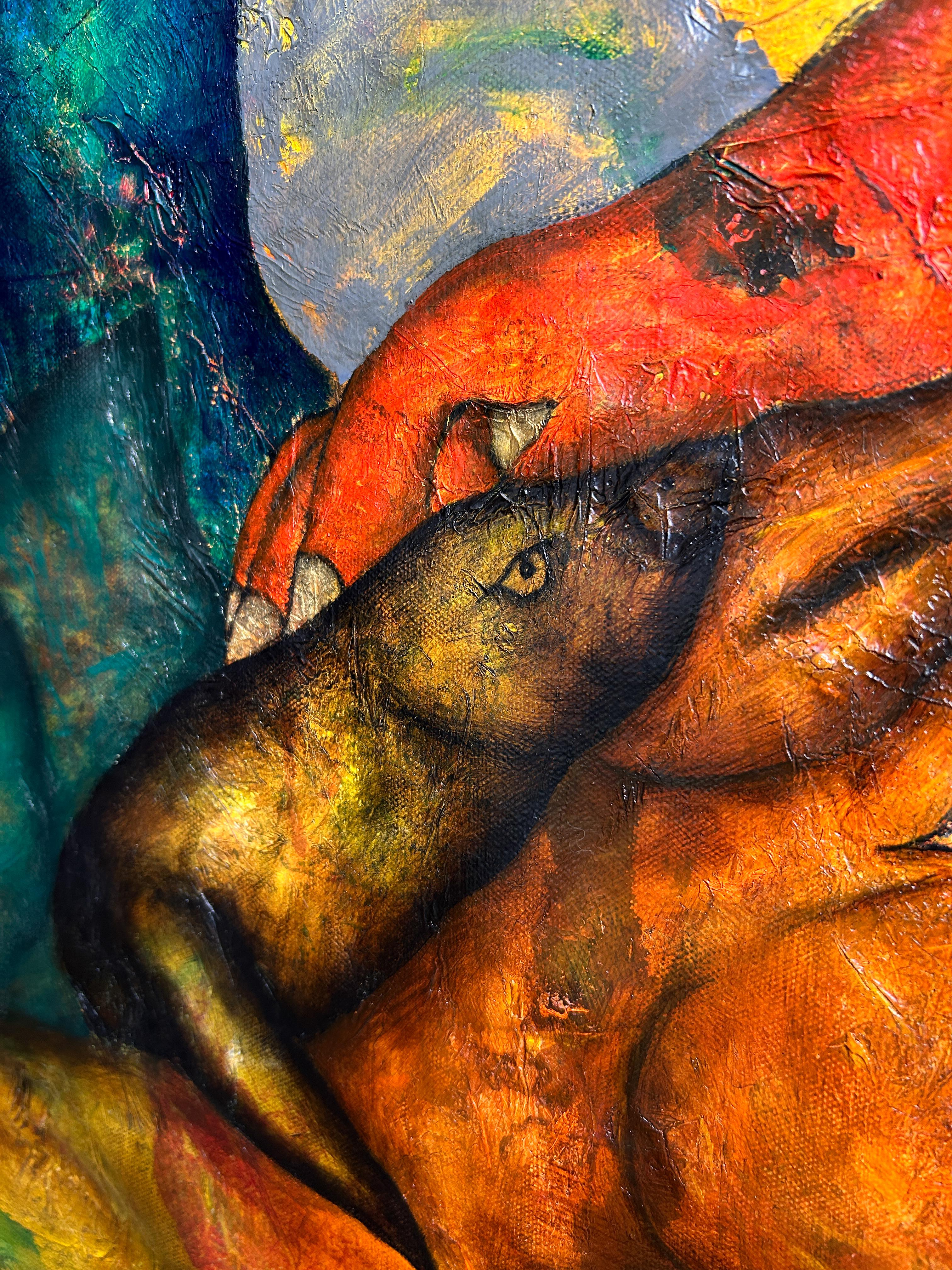 Oil On Canvas With Gold, Yellow, Blue And Red Tones 