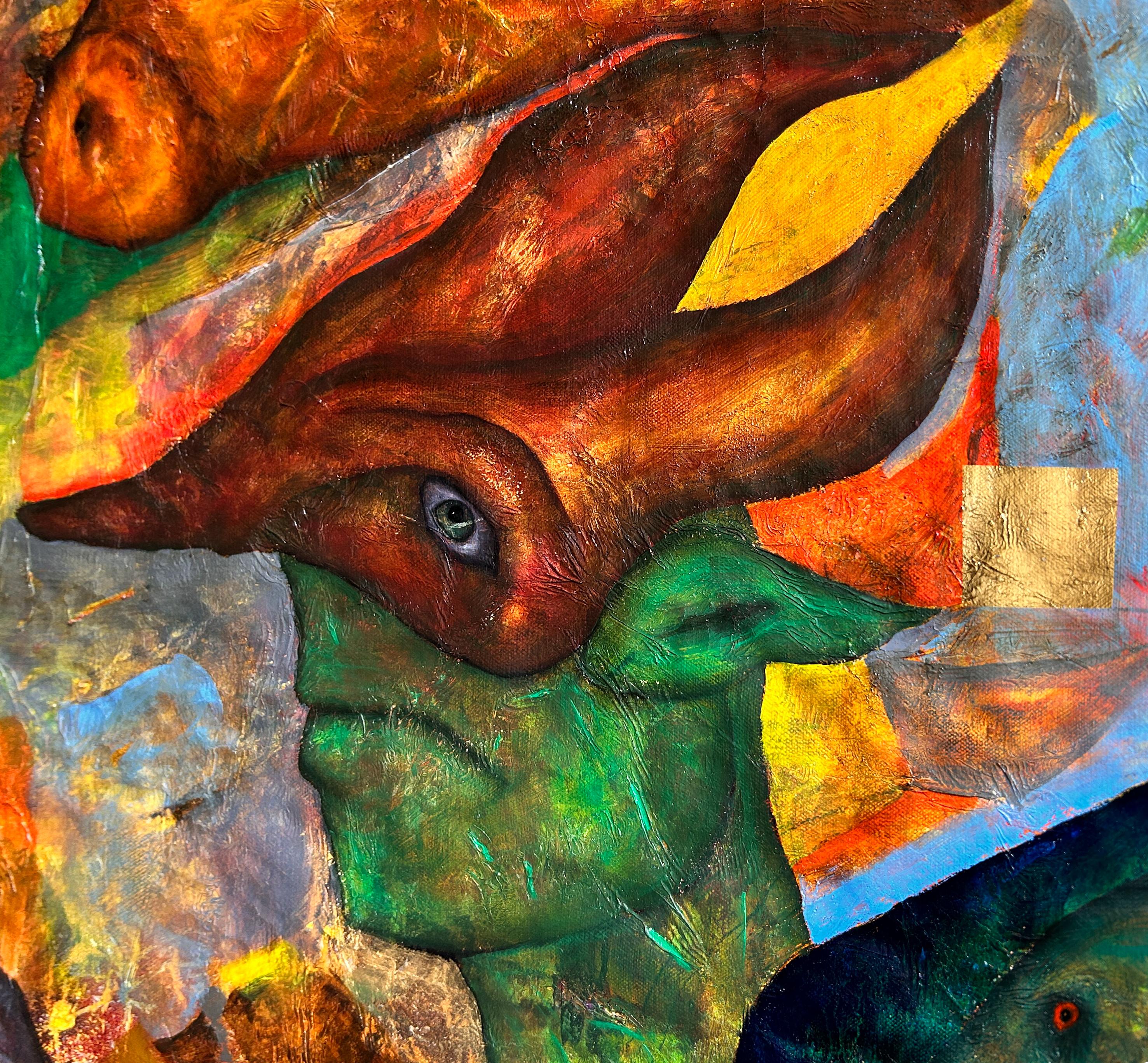 Oil On Canvas With Gold, Yellow, Blue And Red Tones 