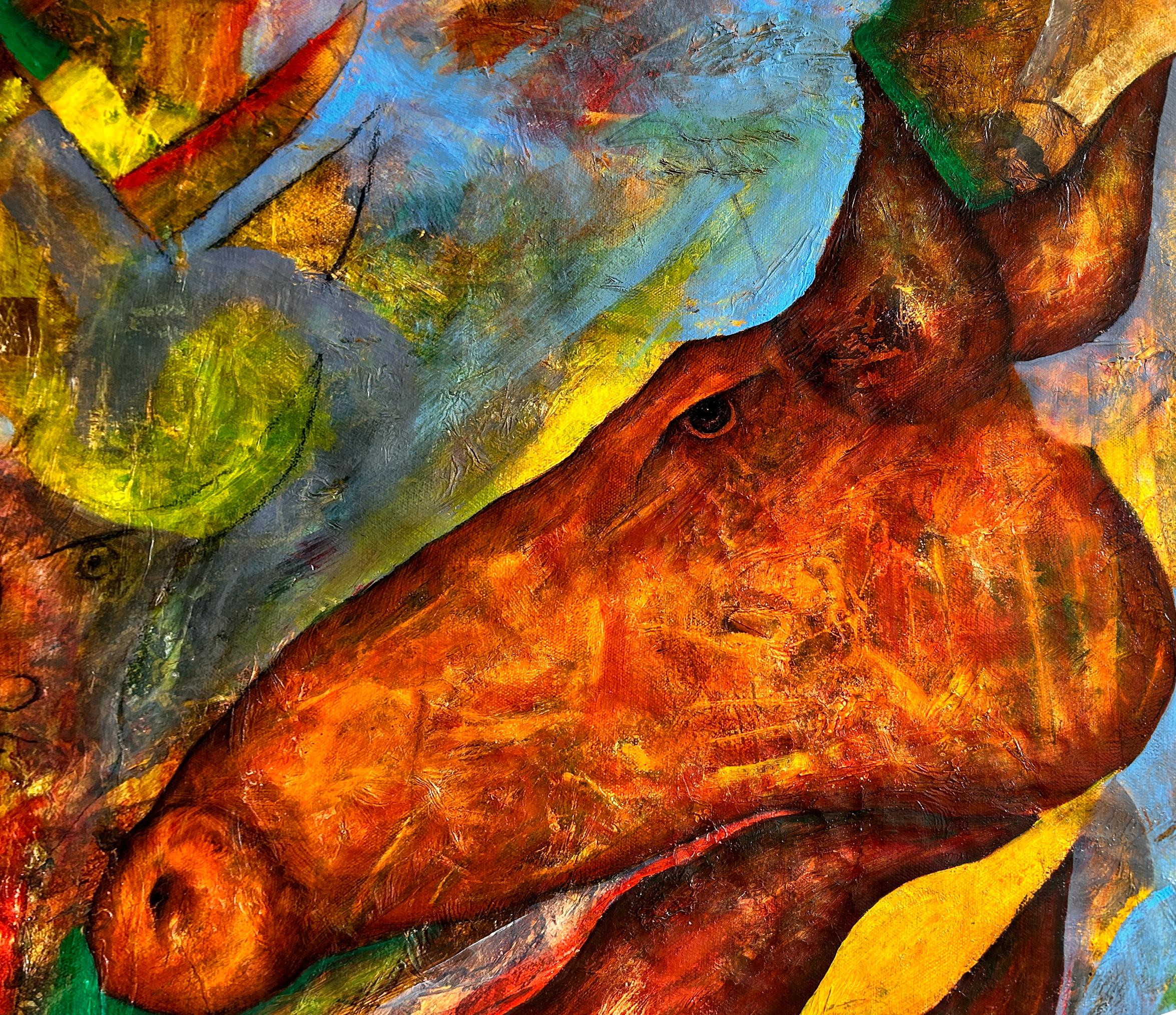 Oil On Canvas With Gold, Yellow, Blue And Red Tones 