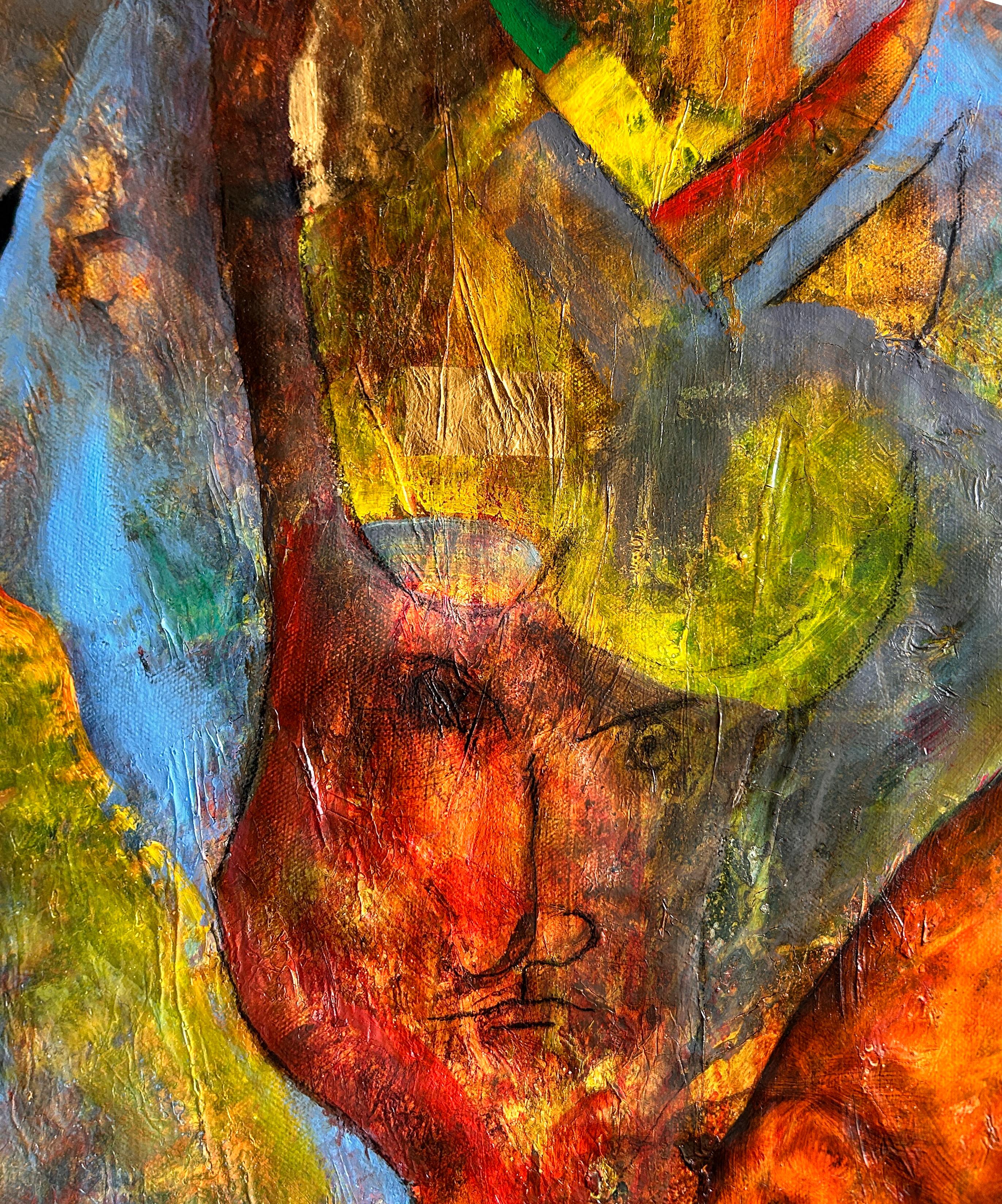 Oil On Canvas With Gold, Yellow, Blue And Red Tones 