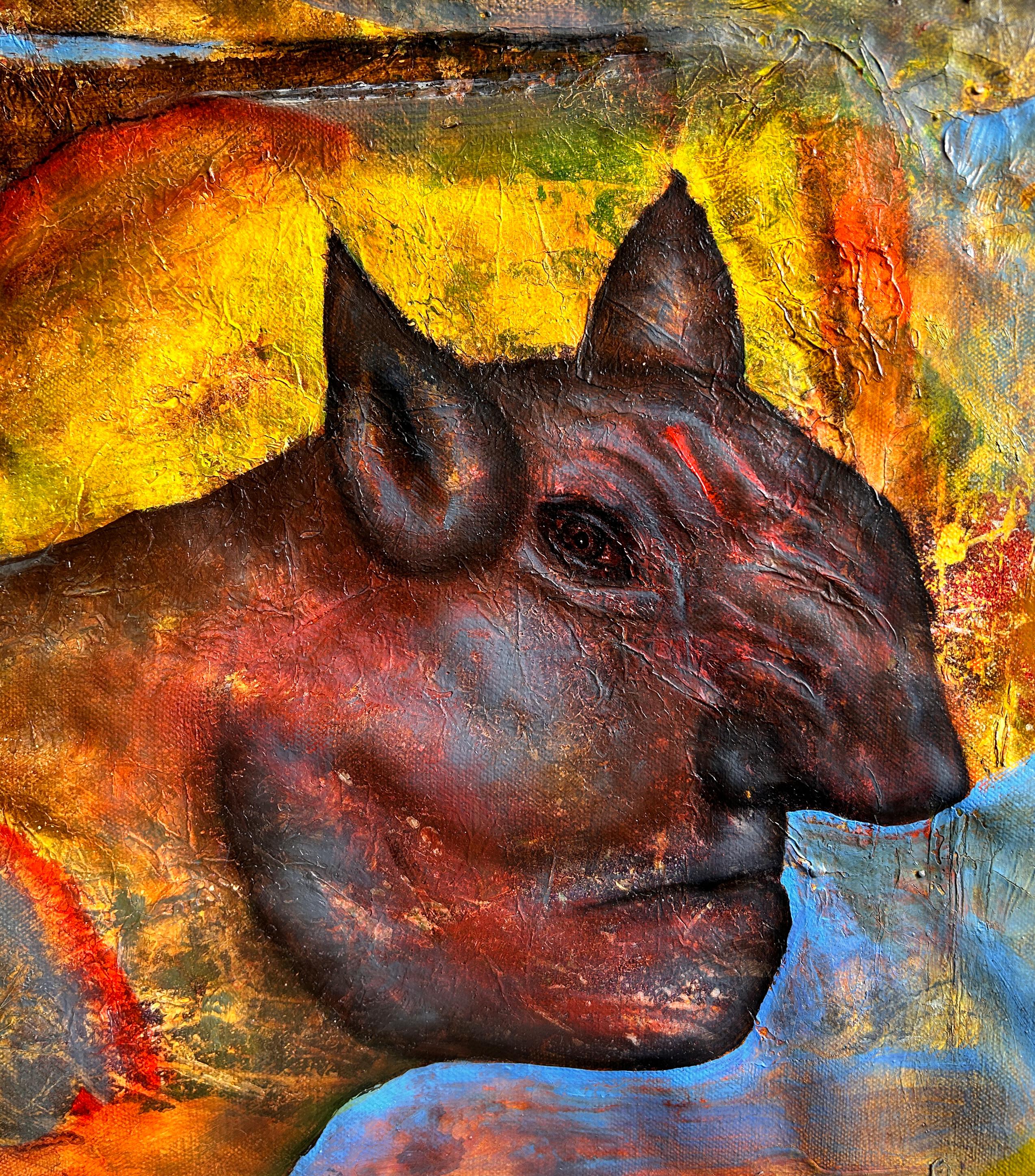 Oil On Canvas With Gold, Yellow, Blue And Red Tones 