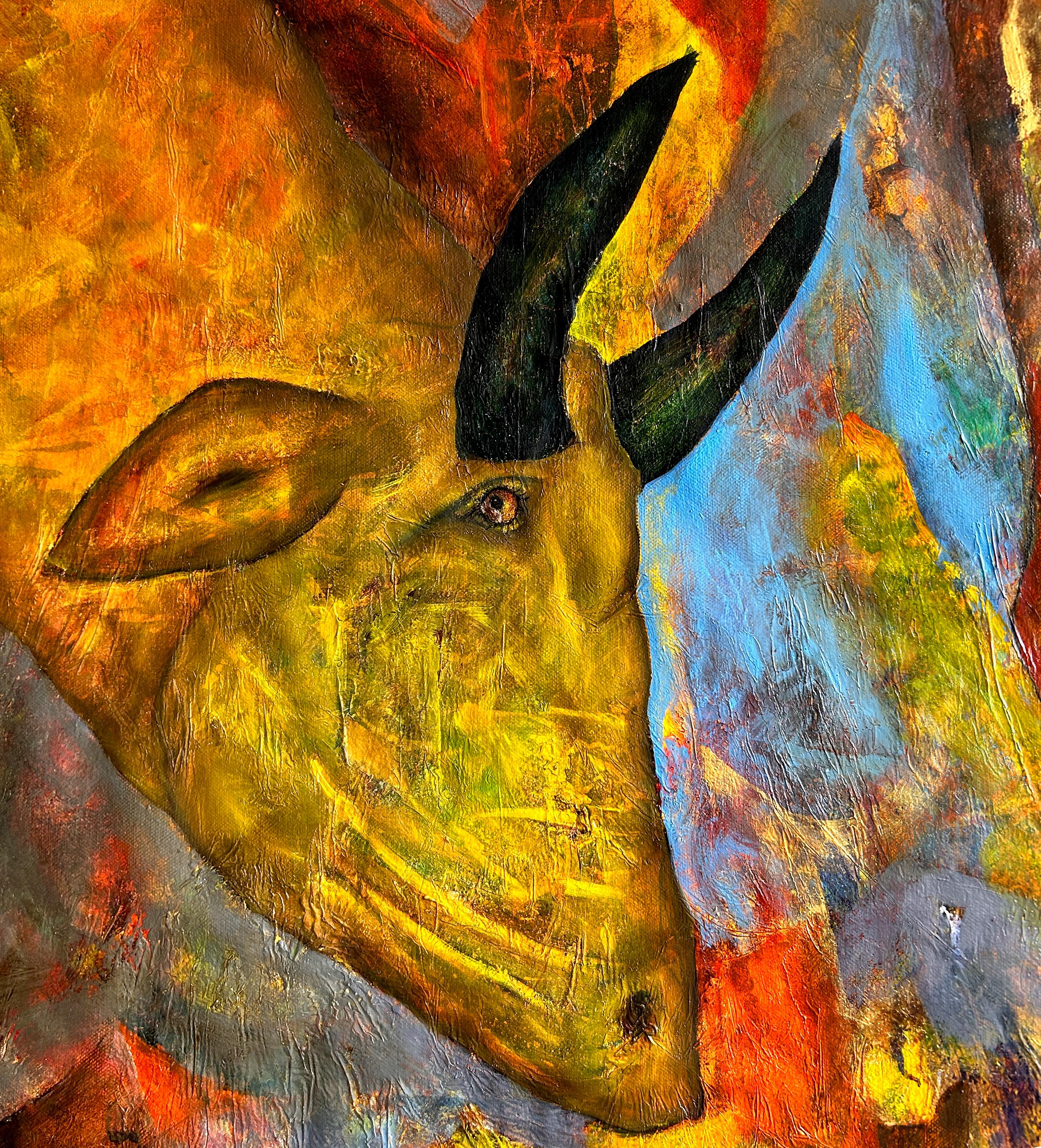 Oil On Canvas With Gold, Yellow, Blue And Red Tones 
