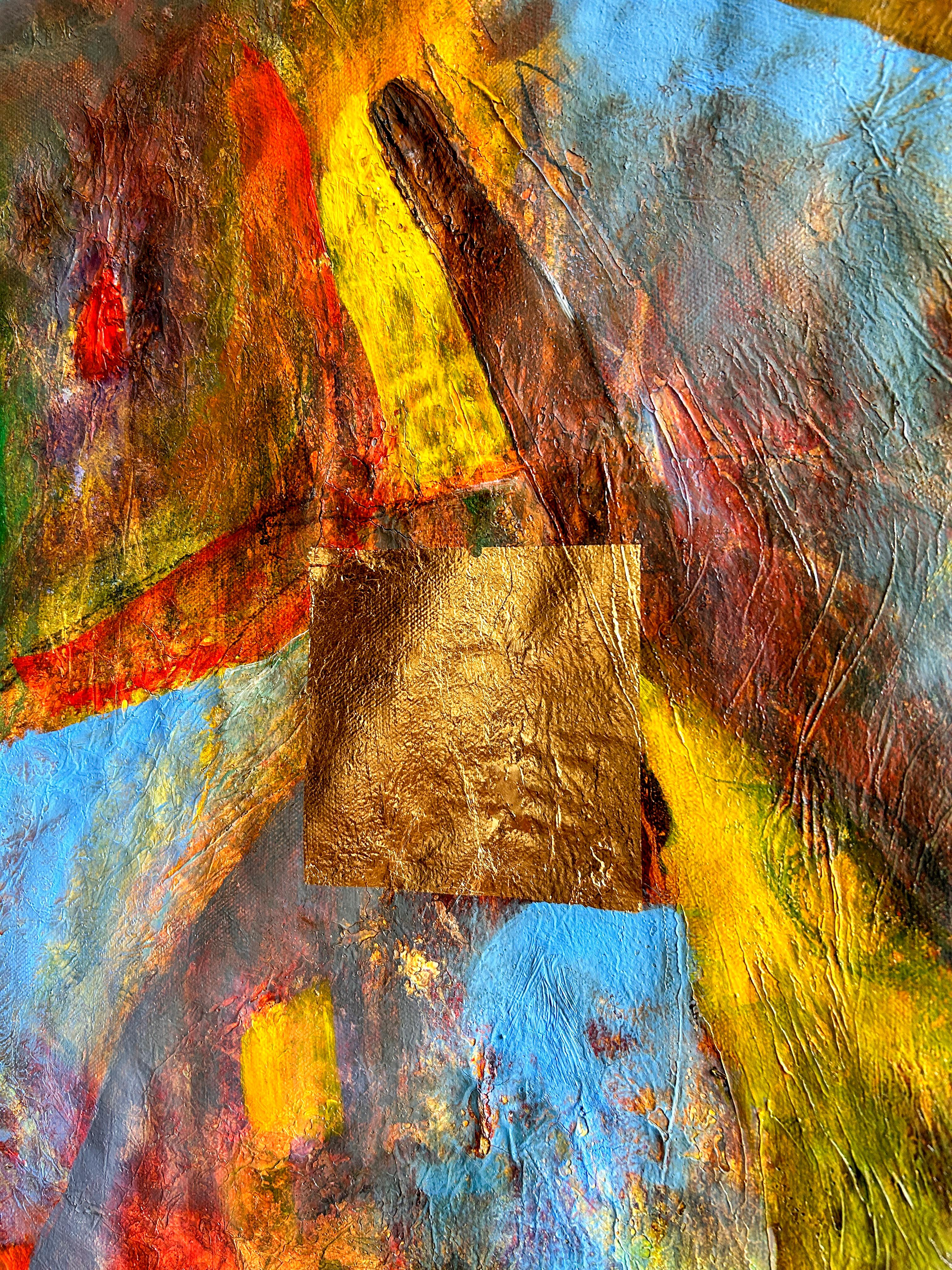 Oil On Canvas With Gold, Yellow, Blue And Red Tones 