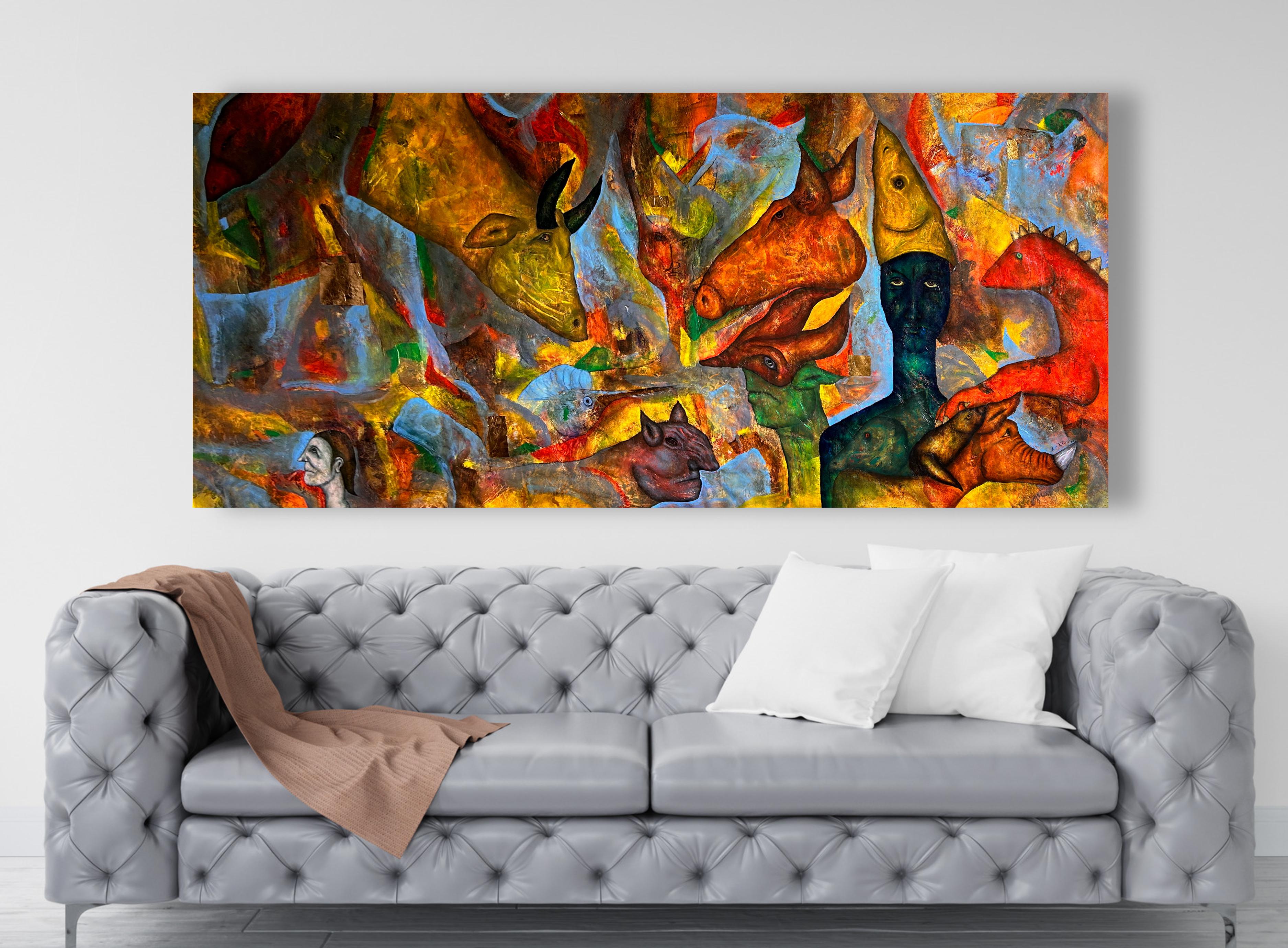 Oil On Canvas With Gold, Yellow, Blue And Red Tones 