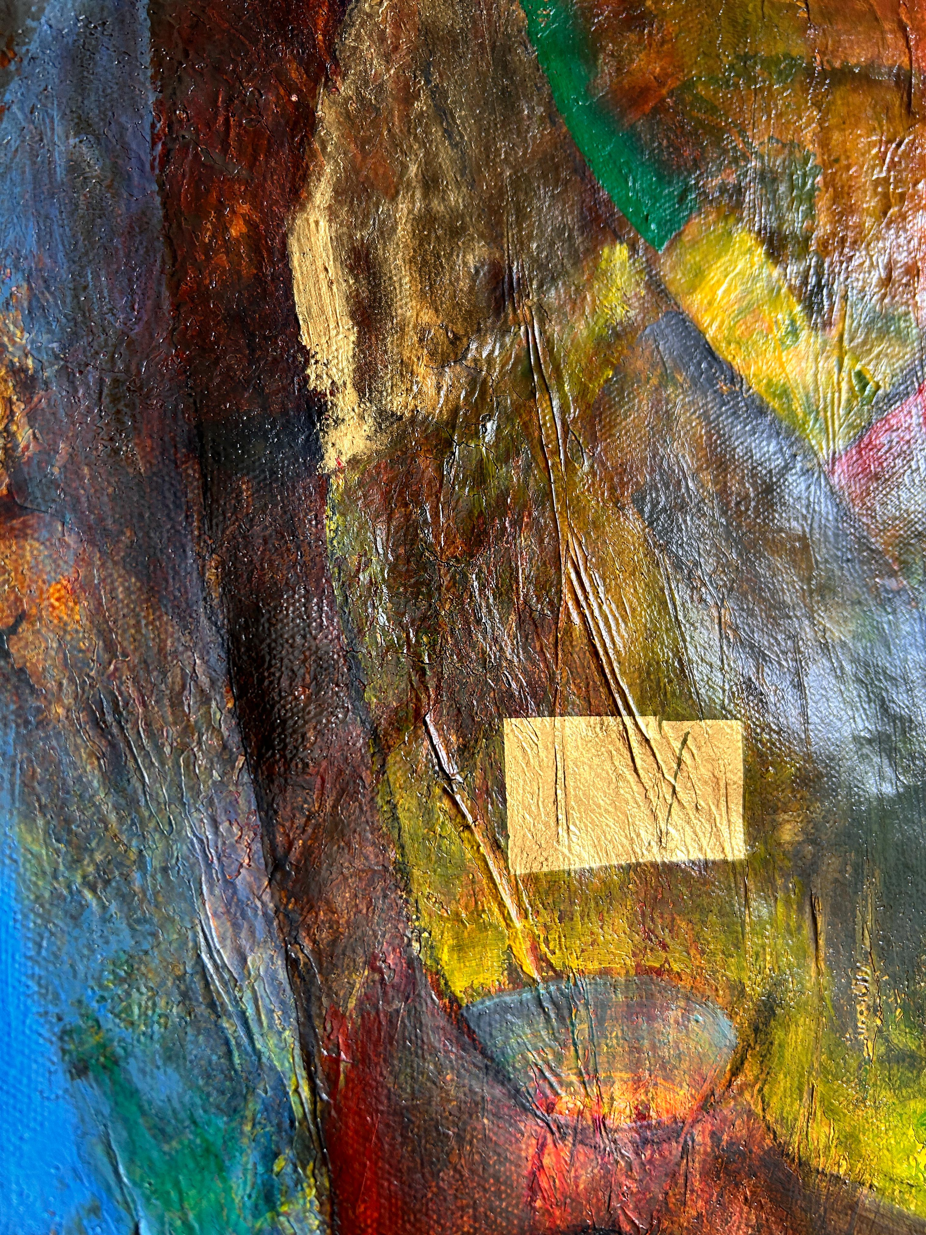 Oil On Canvas With Gold, Yellow, Blue And Red Tones 